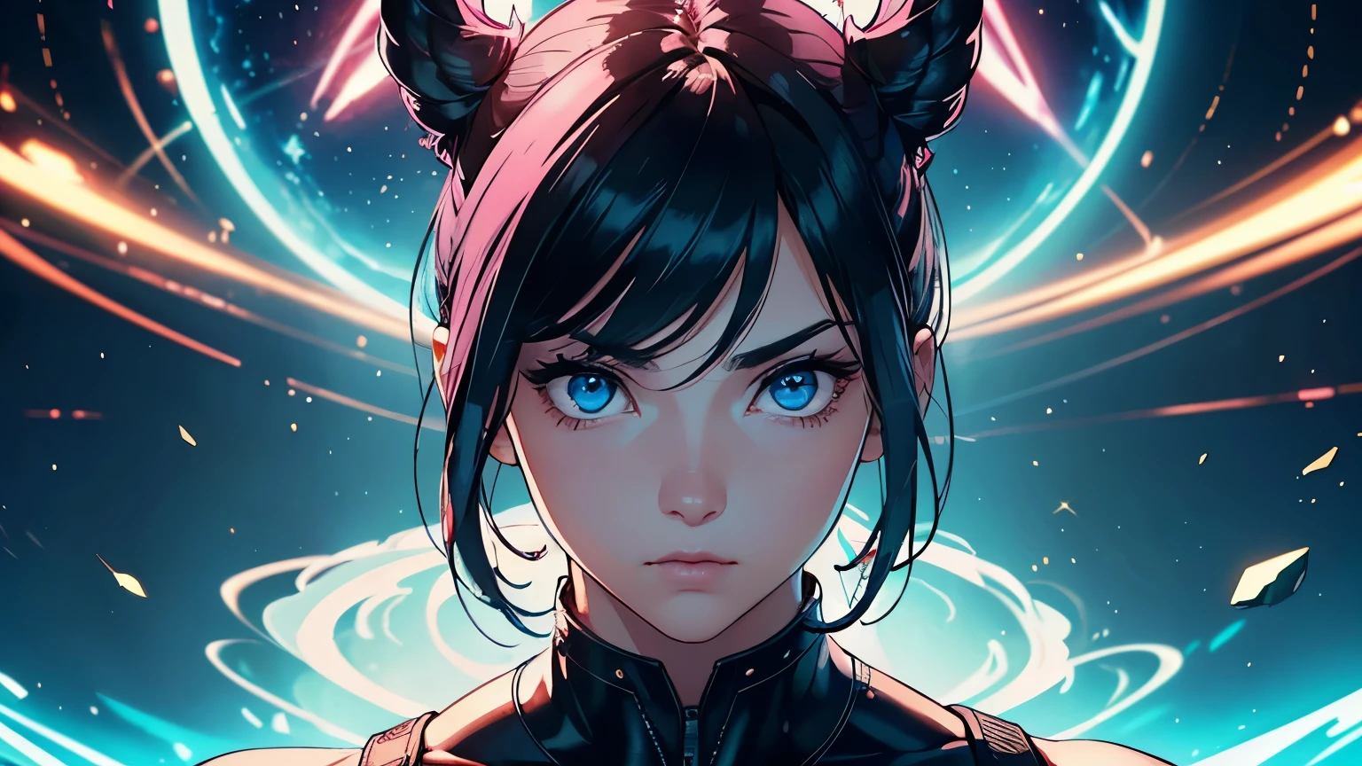4K, A high resolution, Best quality at best, masterpiece, perfect colors, perfect shadow, perfect litthing, ((sportrait)), 1woman, fit-muscled body, bright yellow eyes，dark blue hair , blue eyes, With round lenses, The audience watched carefully, (s face: 1.2), Perfect female figure, ((standing)), ((pink Tight crop top leather suit)), ((shy and looking at viewert)), (Perfect thick white eyebrows) Delicate fur, 详细s face, s the perfect face, doomsday background, lighting atmosphere, ((Bonifasko lighting)), (The round lenses on his eyes)(詳細な目), Perfect student, face close up