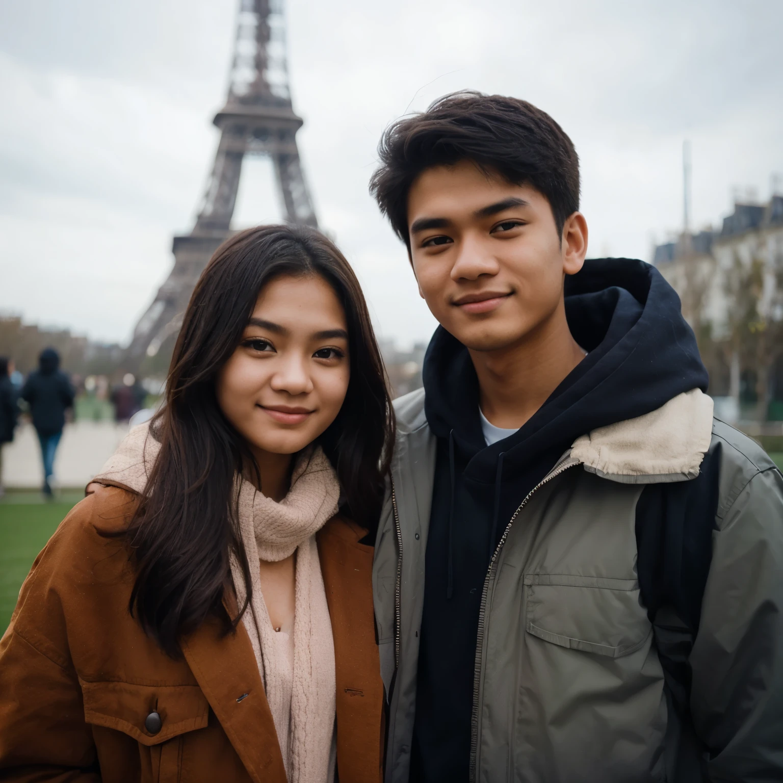 Portrait of a 23 year old Indonesian male and female teenage couple wearing a thick jacket standing half body while smiling with a blurry effect on the background of the Eipel Tower in Paris, photographed using a Samsung Galaxy S23 cellphone with pro camera settings "ISO between 100 and 200, shutter speed 1/100, automatic white balance, ultra realistic, keywords Teenage Couple Photography, real footage