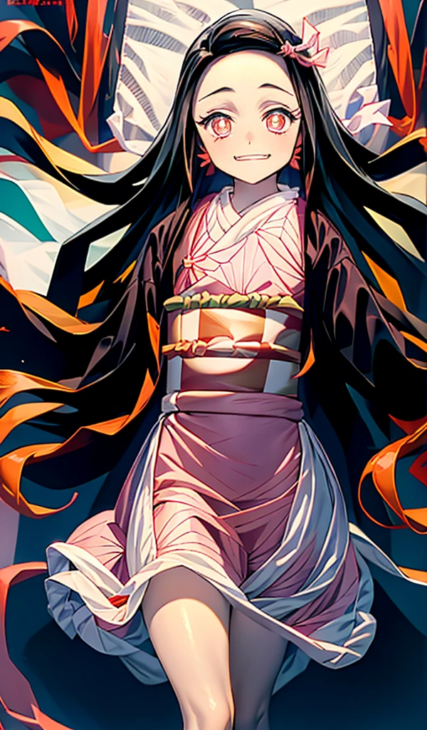 (*k) HD, Best quality, Works of masters, A high resolution, 1girll, nezuko kamada, ((nezuko of demon slayer)) Super beautiful face, super beautiful eye, Super beautiful hair,Trendy outfits,MagazineCover,Sexy and charming,Color explosion,Black color hair,Large hairpins,full bodyesbian,Squatted
