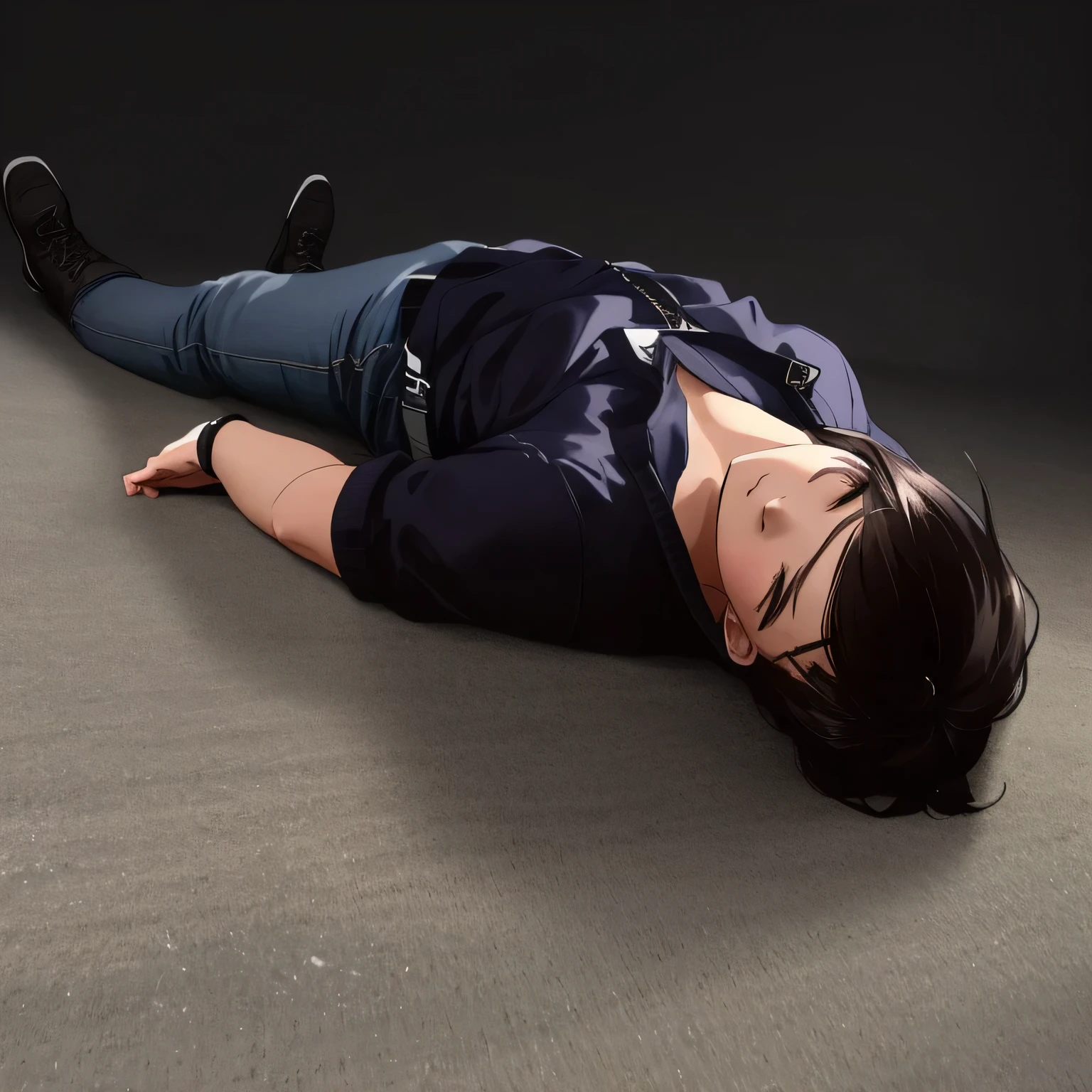there is a man laying on the floor with his head down, lying on the ground, laying on the ground, lying dynamic pose, lying on back, lying on an empty, lying down, sprawled out, lying scattered across an empty, head tilted down, crawling out of a dark room, desperate pose, unconscious, posing like a falling model, dramatic floating pose