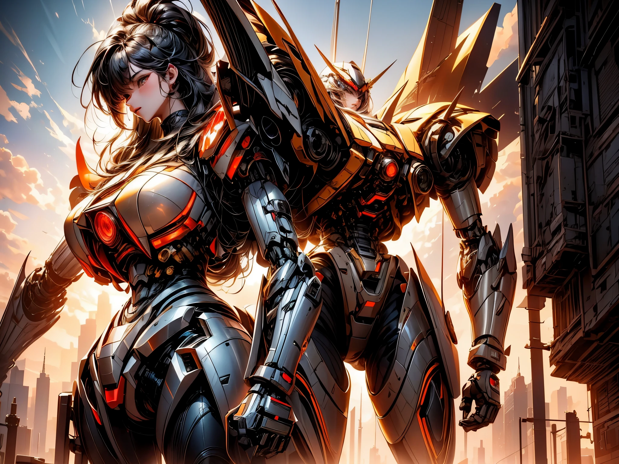 A mecha warrior and a schoolgirl standing in a futuristic city, overlooking the bustling streets and towering skyscrapers. The mecha warrior is adorned with intricate armor, glowing LED lights, and powerful hydraulic joints, exuding strength and technology. The schoolgirl, dressed in a vibrant school uniform, has beautiful detailed eyes, long flowing hair, and a determined expression on her face.
The cityscape is brought to life with a combination of futuristic architectural elements and advanced technology. The buildings are made of sleek metal and glass, reflecting the sunlight and creating a dazzling effect. The streets below are filled with hover cars, neon signs, and holographic advertisements, giving the scene a sense of energy and modernity.
In the background, the setting sun casts a warm and golden hue over the city, creating a picturesque sunset. The mecha warrior and the schoolgirl are positioned on a high platform, offering a panoramic view of the entire cityscape. The platform is bathed in soft, glowing lights, giving the characters a spotlight-like appearance.
The mecha warrior stands tall, ready for action, with its massive mechanical arms and legs, equipped with powerful weapons and shields. The , on the other hand, holds a futuristic tablet device, showcasing her intelligence and technological prowess.
The color palette of the scene is vibrant and dynamic, with a mix of bold primary colors and futuristic neon hues. The lighting is dramatic, with rays of sunlight peering through the gaps between the skyscrapers, creating striking shadows and highlights.
The overall image is of the highest quality, with an emphasis on ultra-detailed rendering and realistic textures. The mecha warrior's armor is intricately designed, showcasing every rivet and panel, while the 's school uniform is meticulously tailored, with fine fabric details.
The art style of the image combines elements of concept art and sci-fi illustration, blending realism with a touch of futuristic aesthetic. The characters are rendered with a high level of professionalism, capturing their unique personalities and features.
With this prompt, a stunning and captivating image of a mecha warrior and a in a futuristic city can be generated, evoking a sense of adventure, technology, and youthful spirit.