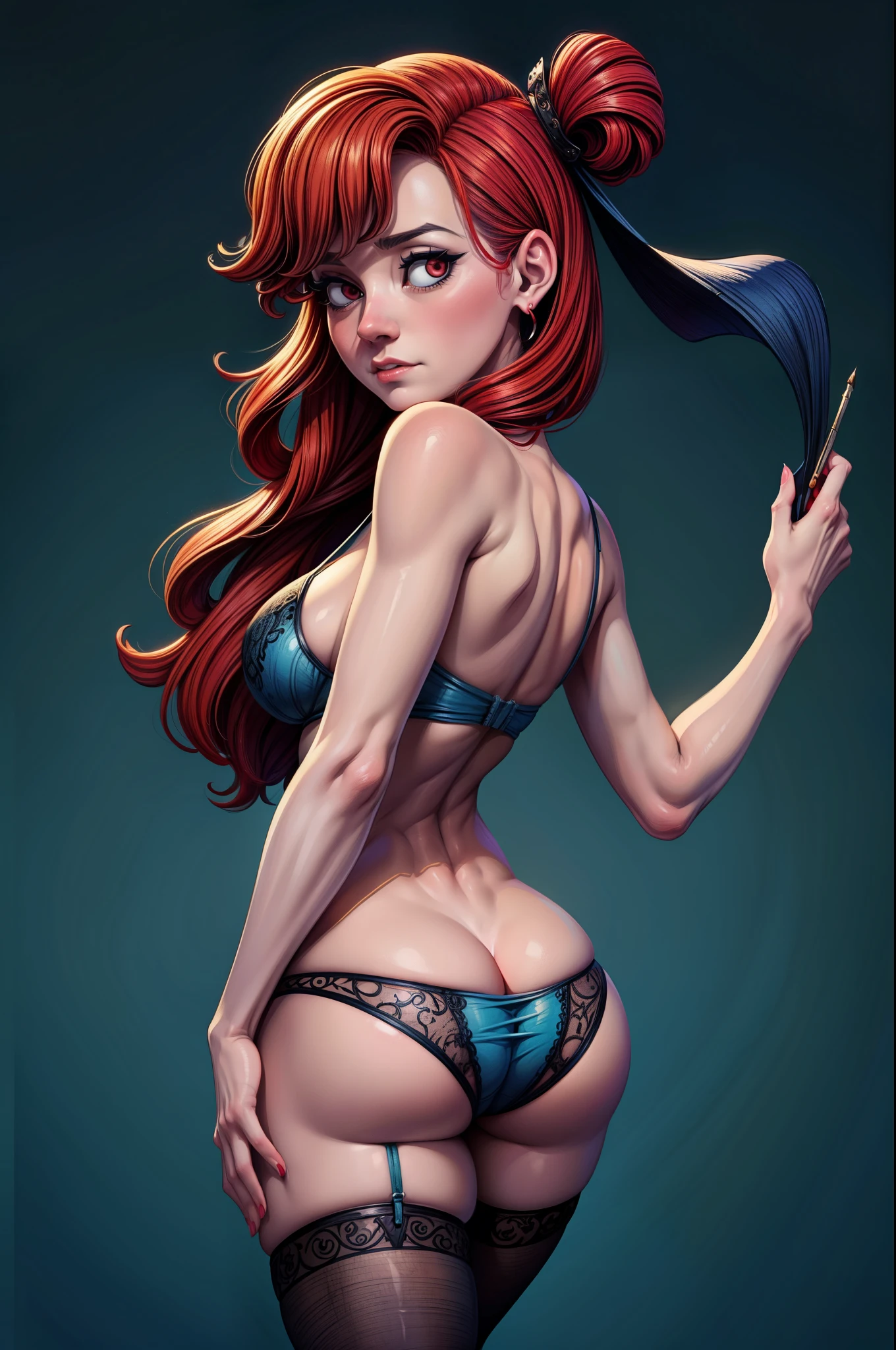 Stepping back in time with this mesmerizing pencil portrait of a Victorian era beauty, red hair. ✨🎨extremely detailed,wearing skimpy translucent lingerie and stockings, facing backward, turning back over shoulder, ornate victorian hostel background, 8k,masterpieces,inspired by greg rutkowsky,karol bak,charlie bowater,enchanted all stylish,