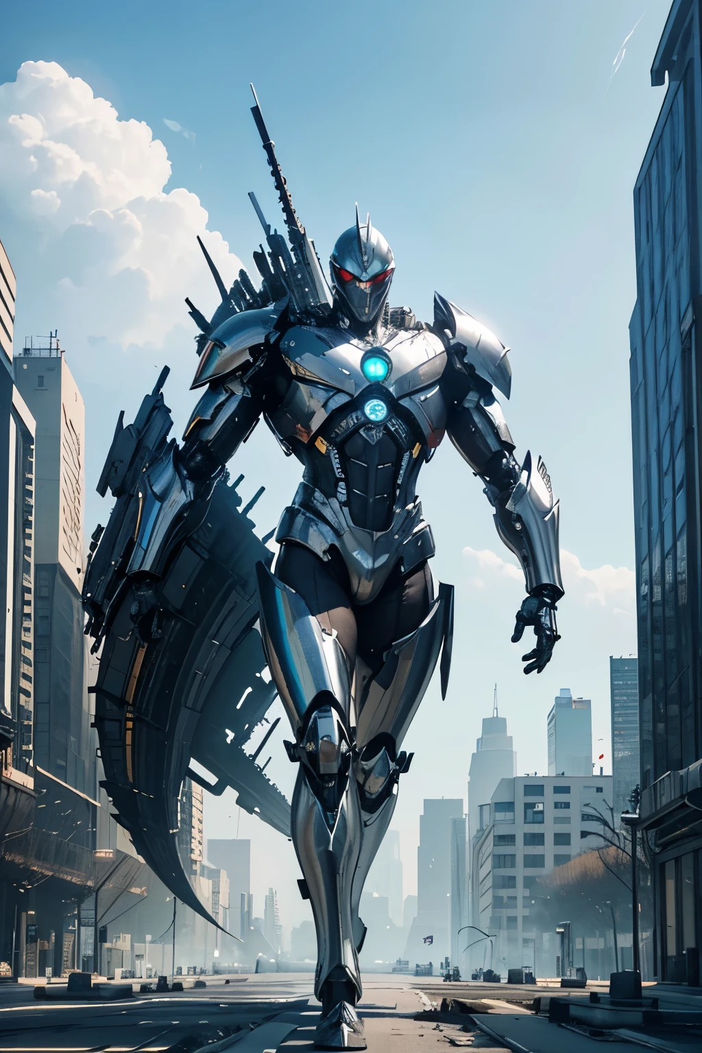 best quality, 32k, RAW photo, incredibly absurdres, extremely detailed, delicate texture, gigantic mechanical warrior 50 meters tall, streamlined body with shiny chrome plating and iridescent jet black parts, background destroyed city, delicate, flashy and dynamic depiction, 3D