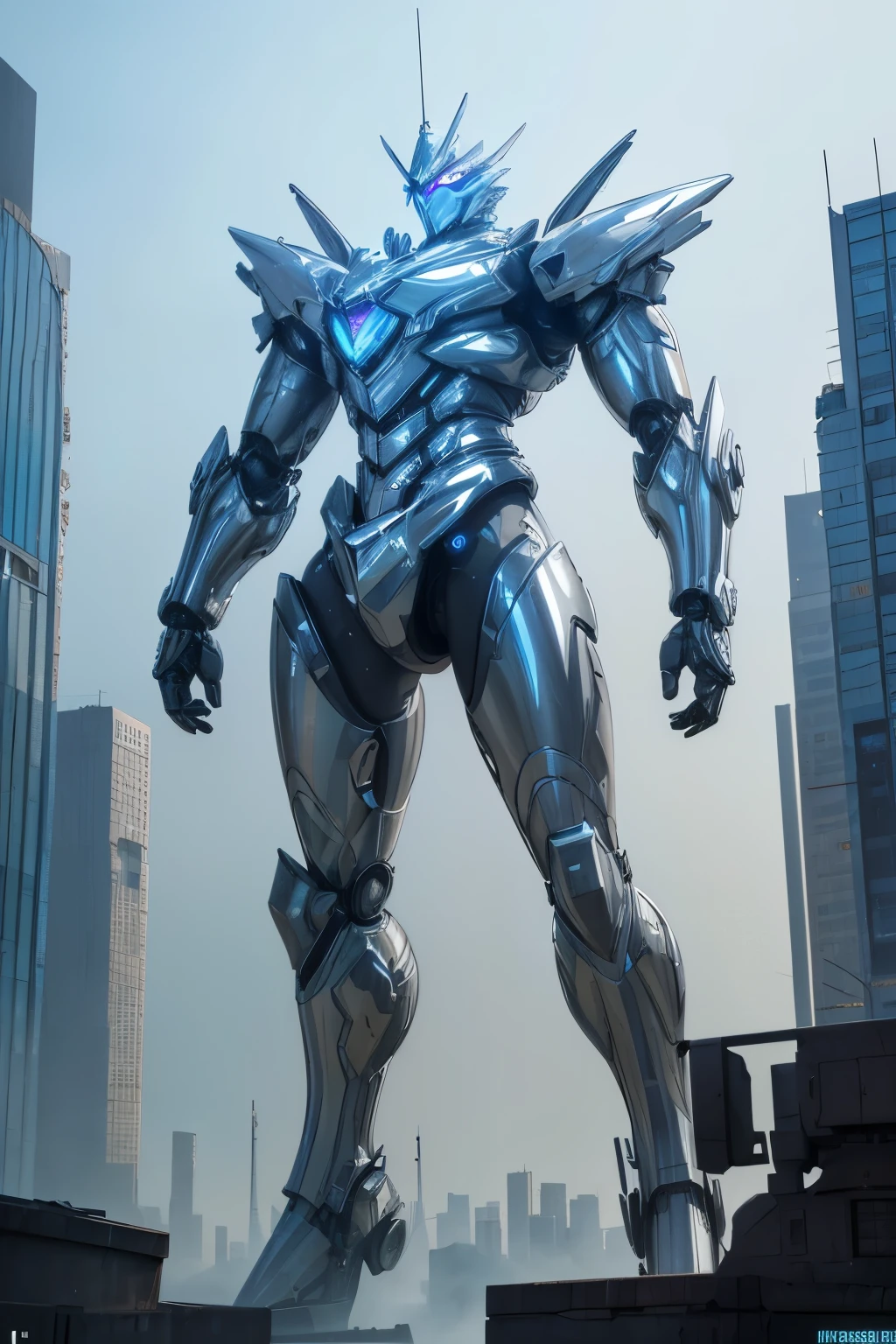 best quality, 32k, RAW photo, incredibly absurdres, extremely detailed, delicate texture, gigantic mechanical warrior 50 meters tall, streamlined body with shiny chrome plating and iridescent jet black parts, background destroyed city, delicate, flashy and dynamic depiction, 3D