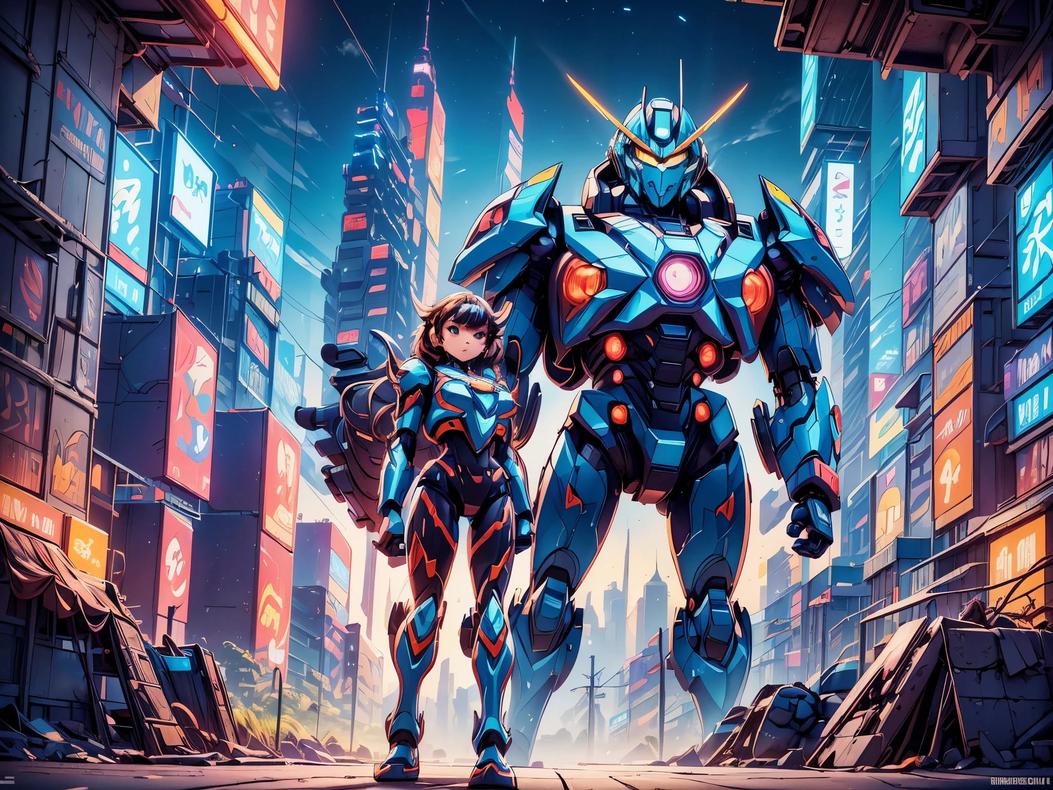 A girl fighting against a mecha warrior,illustration,mecha warrior,colorful explosion,shining lights,dystopian landscape,highly detailed mecha warrior,aggressive and determined expression,metallic armor,sparkling energy beams,bullet trails and smoke,powerful punches and kicks,slow motion movement,destructive battle scene,highres and realistic portrayal,studio lighting,anime style,contrasting colors,dramatic lighting.