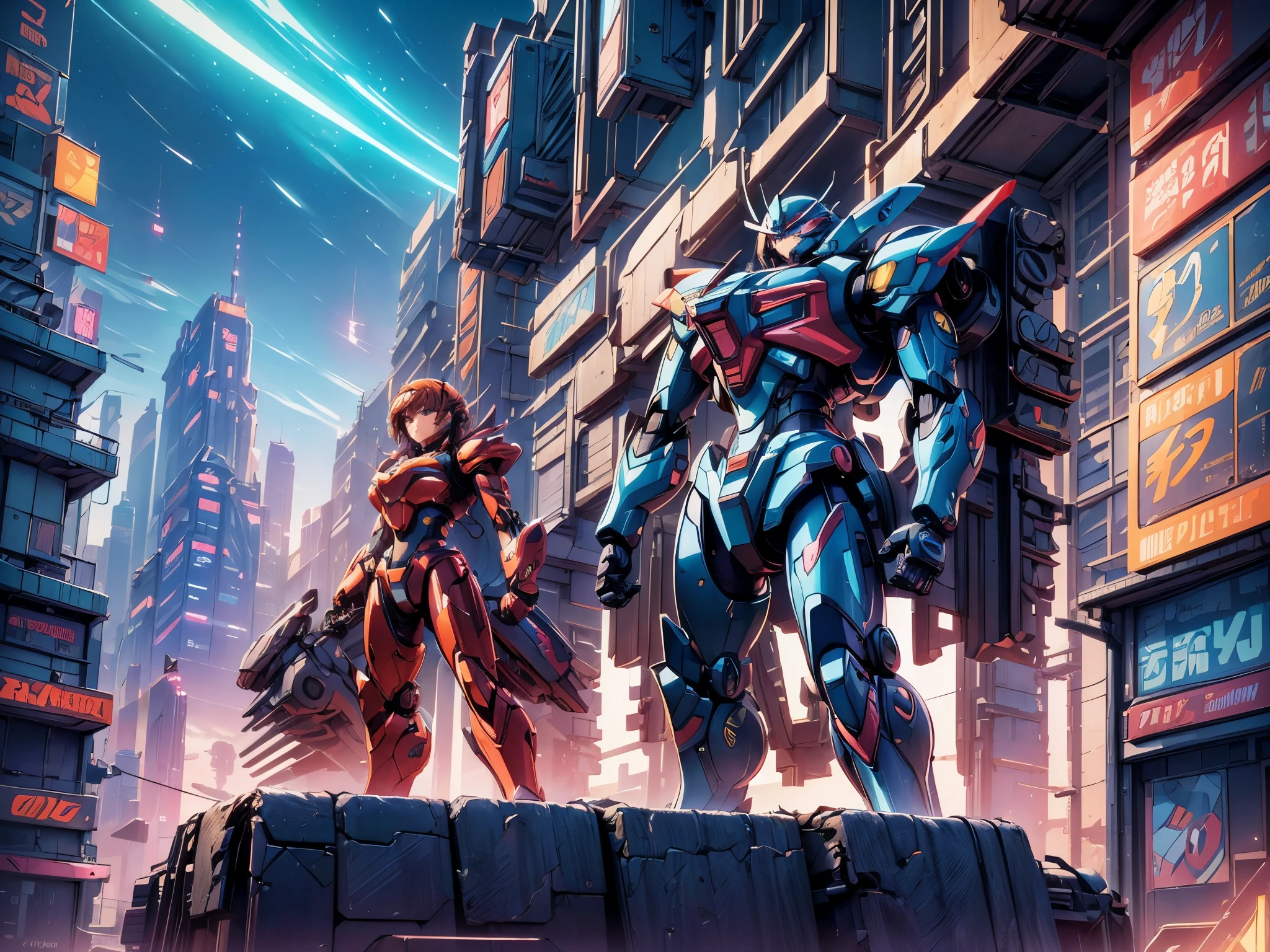 Mecha Warrior and a 
(material) digital art,illustration,anime
(additional details) futuristic cityscape,neon lights,high-tech armor,weaponry
(image quality) (best quality,4k,highres,masterpiece:1.2),ultra-detailed,physically-based rendering
(art style) sci-fi,mecha,girl power
(color palette) vibrant colors,contrasting hues
(light) dramatic lighting
