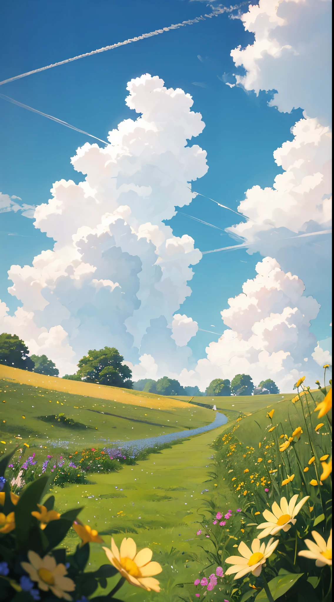 Summer, meadows, a few small flowers, clear lakes, heaven, large clouds, blue sky, hot weather, HD detail, hyper-detail, cinematic, soft light, deep field focus bokeh