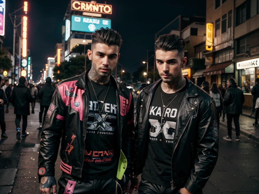 Cambio de fondo, cyberpunk hombres guapos y fornidos de cuerpo completo,pose chico malo,8k, cara realista, ropa de cuero, varios colores, adornos en orejas y tatuajes, peinados modernos y brillo en los cabellos, ciudad ciberpunk, dark, de noche, luces de neon, iluminar en los cuerpos y ropa, 8k