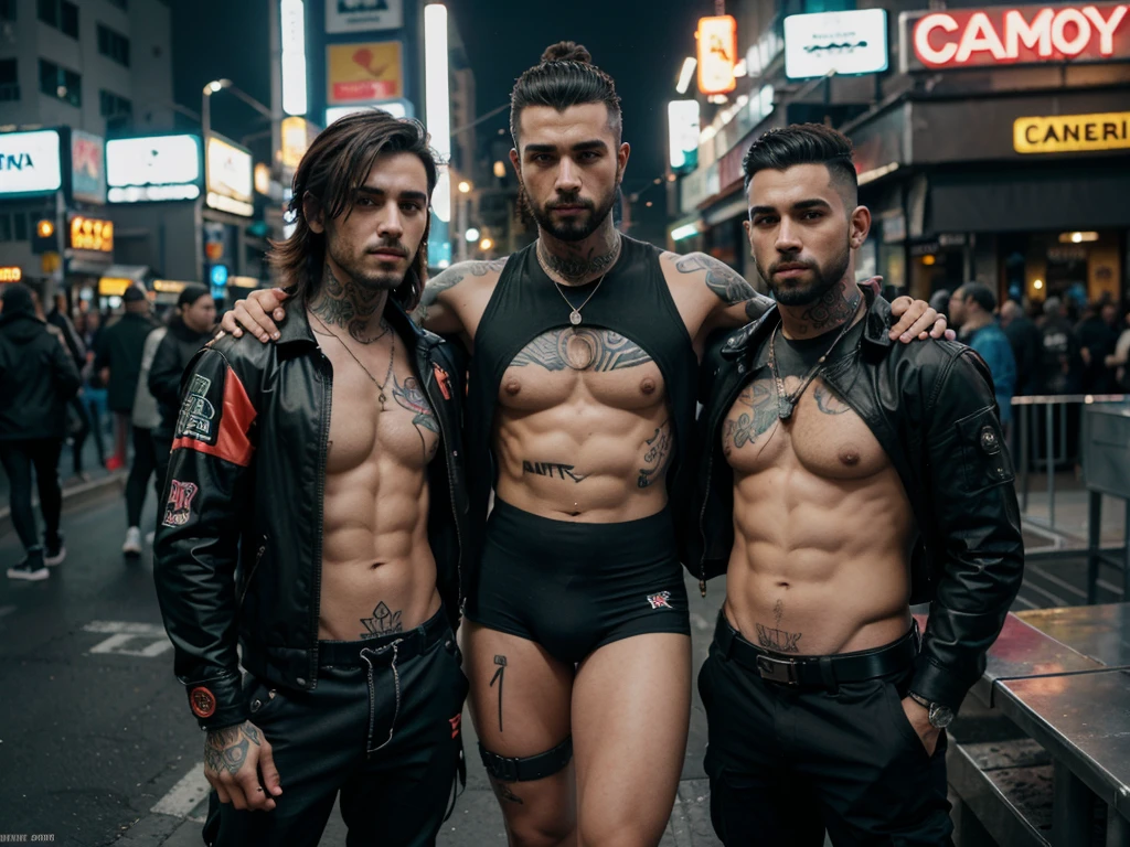 Cambio de fondo, cyberpunk hombres guapos y fornidos de cuerpo completo,pose chico malo,8k, cara realista, ropa de cuero, varios colores, adornos en orejas y tatuajes, peinados modernos y brillo en los cabellos, ciudad ciberpunk, dark, de noche, luces de neon, iluminar en los cuerpos y ropa, 8k