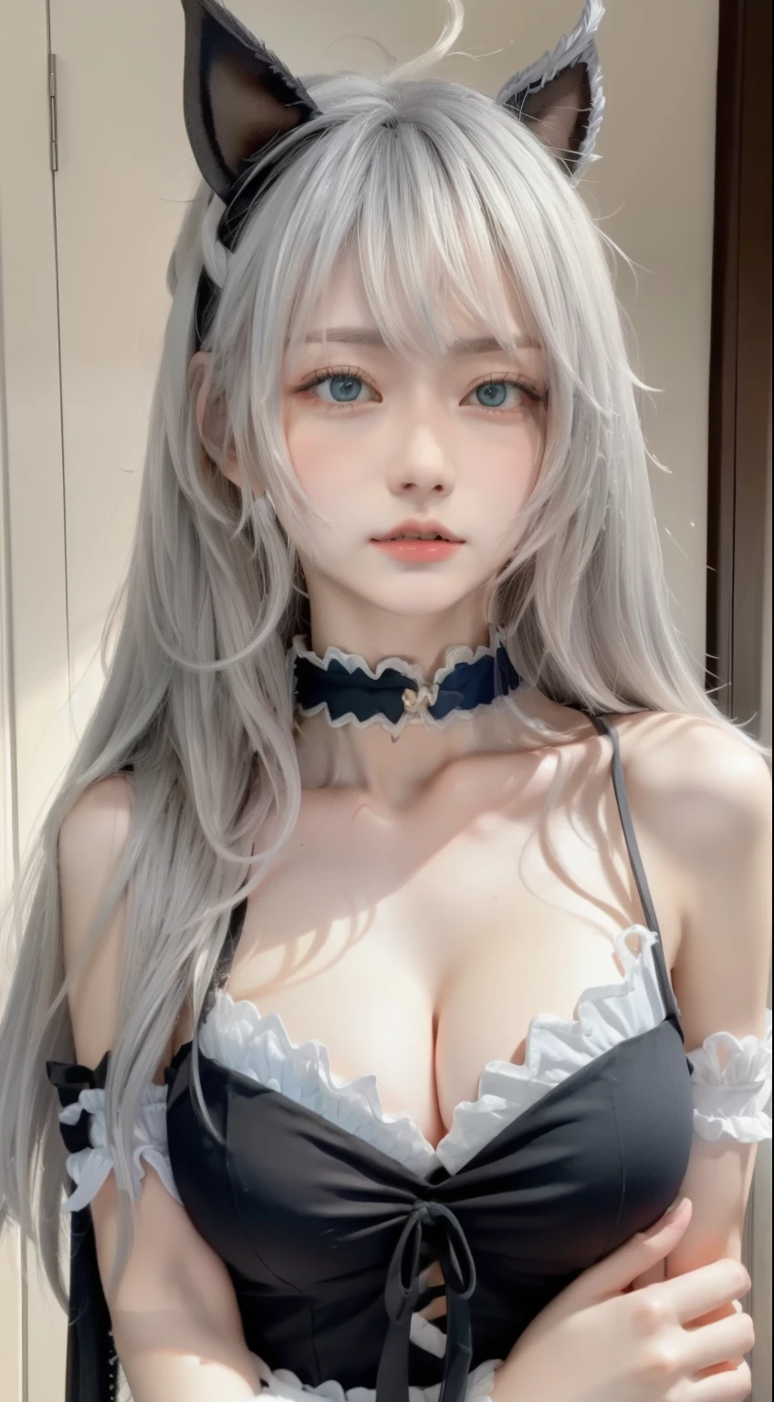 perfect figure beautiful woman：1.4，Layered Hair Style，Protruding cleavage，Gray 2D costume：1.5，Highly Detailed Face and Skin Textur，二重まぶた，Whiten the skin，long whitr hair