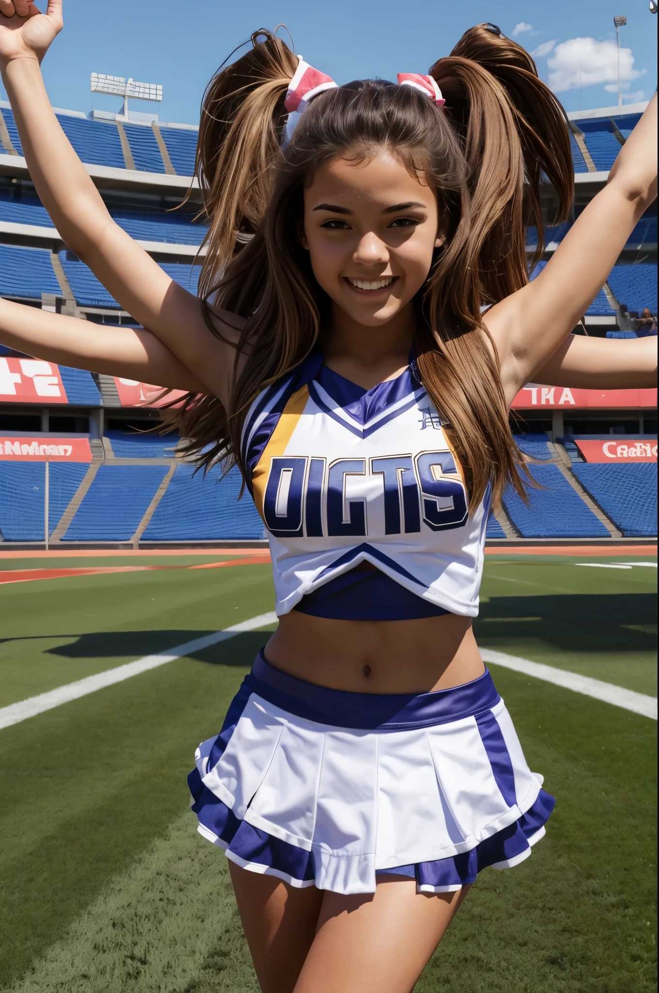 Young woman, cheerleader, age 19, in school cheerleading outfit, on field at game, excited, energetic, four arms, arms spread out,