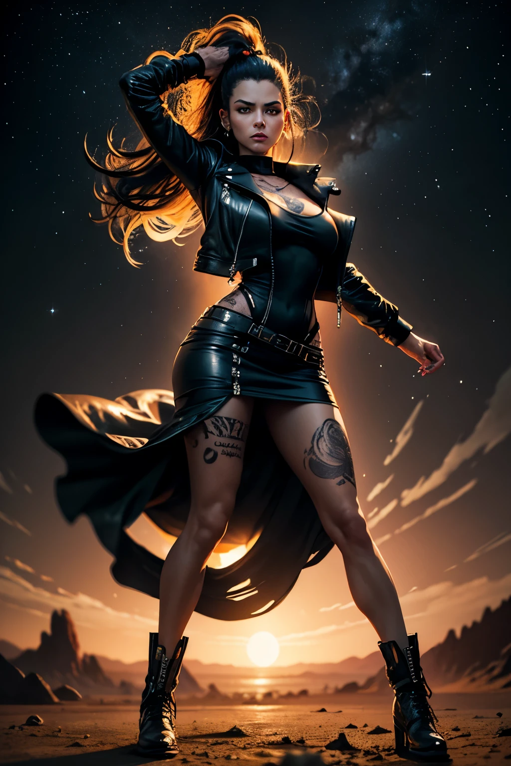 Tall Tough tattooed biker chick with two strong legs dancing swirling twirling almost collapsing on Saturn's moon Calisto, looking like a creation that could actually survive there, wearing black leather graphics jacket and long leather-like denim dress that touches the ground split in the middle for riding, magic, art, wind, wind blown, spark, lightshow, fireflies, watching the rise of the distant Sun, with Saturn fully visible in the foreground, 36k resolution Kodak professional photography, hyperdetailed, Waiting to start