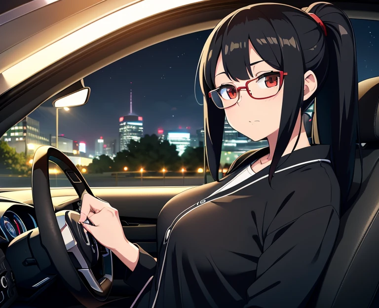 high quality, be familiar with, High resolution, 4K, 8K, perfection_, Super detailed, anime girl long black hair, seductive anime girl, beautiful and attractive anime woman, anime style, Beautiful charming anime teen, Smooth anime CG art, attractive anime girl, (anime girl), anime moe art style, 車をGirl Driving, (Highwayをまっすぐ走る車, girl in a car, Girl Driving,inside the car, (A girl holding the steering wheel while driving), Blue car, subaru car, Legacy B4, 青いLegacy B4), (red eyes,black hair, ponytail below, red under rim_Girl with glasses, Glasses Girl, runner girl), Expressionless girl, girl in a coat, girl in black t-shirt, girl wearing jeans, big breasts, 18 year old girl, midwinter, midnight, In town, Highway, urban ring line, late night, street lamp light, Modern Japan, (青いLegacy B4をGirl Driving),