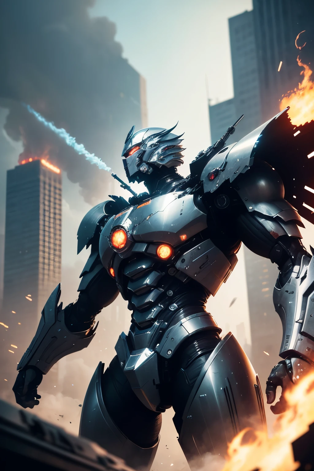 best quality, 32k, RAW photo, incredibly absurdres, extremely detailed, delicate texture, gigantic mechanical warrior 50 meters tall, streamlined body with shiny chrome plating and iridescent jet black parts, weapons and shields, background destroyed city, explosion, flame, smoke, delicate, flashy and dynamic depiction, 3D