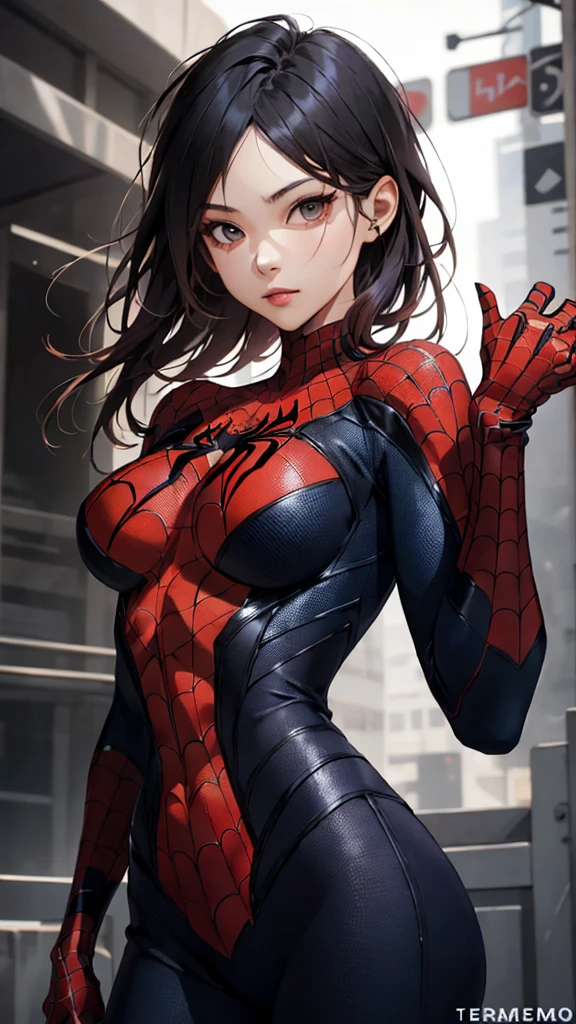 best qualtiy，GameCG，1girll，tmasterpiece，best qualtiy，8K，detailed skin textures，Detailed cloth texture，beautifull detailed face，Complicated details，the ultra-detailed，korean girl，spiderman uniform，long black hair，（A half body：1.2），cleavage