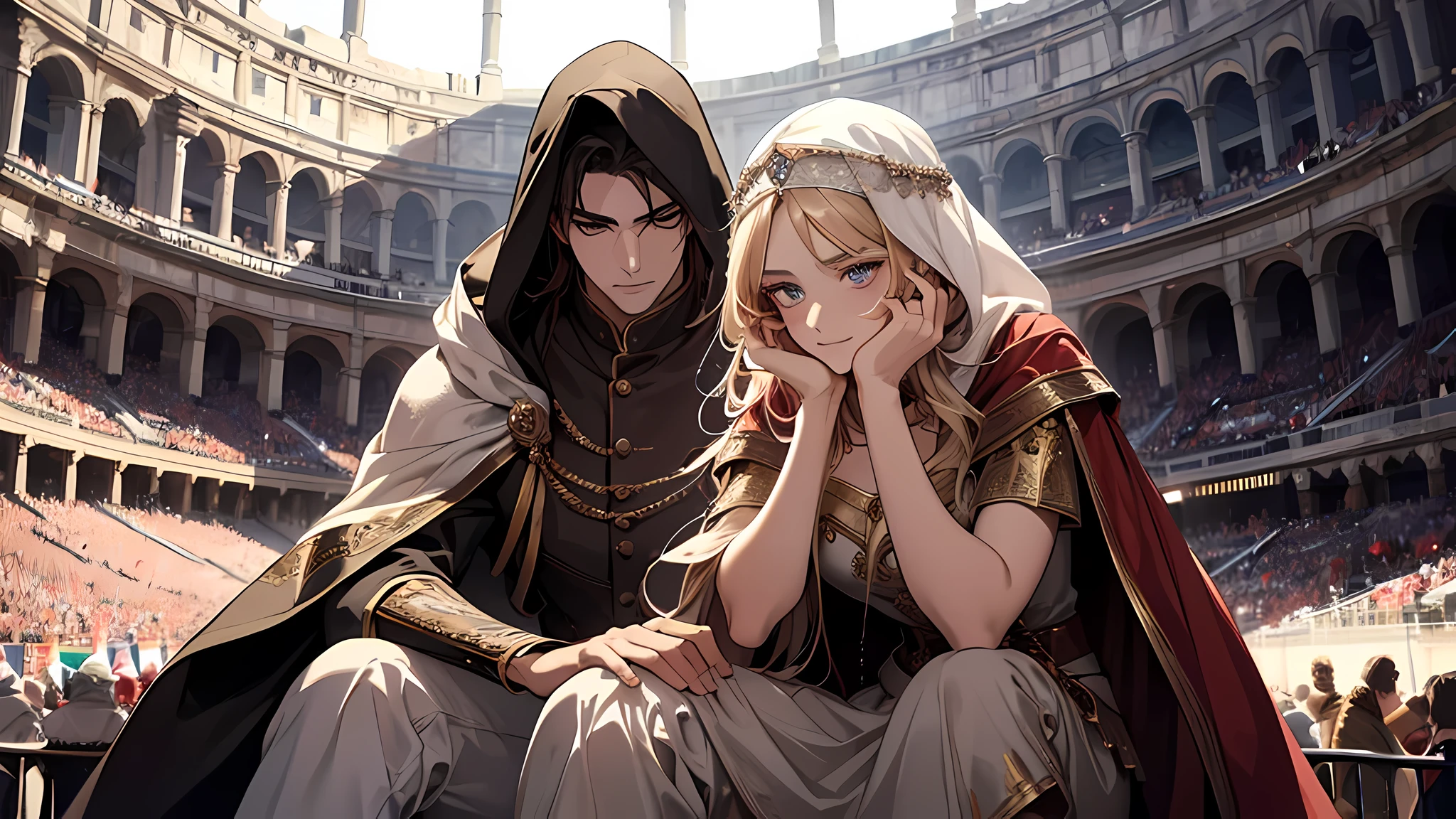 the young man resting his chin on his hands, the man is wearing a cape covering his head, there is 1 beautiful girl beside him, watching gladiator, excited, they are sibling, in colloseum, medieval times, detailed face, detailed nose, detailed eyes, who was sitting in one of the grandstands among the front row seats. High pillars, which rose from the corners in the left and right, supported a roof that covered the stand.