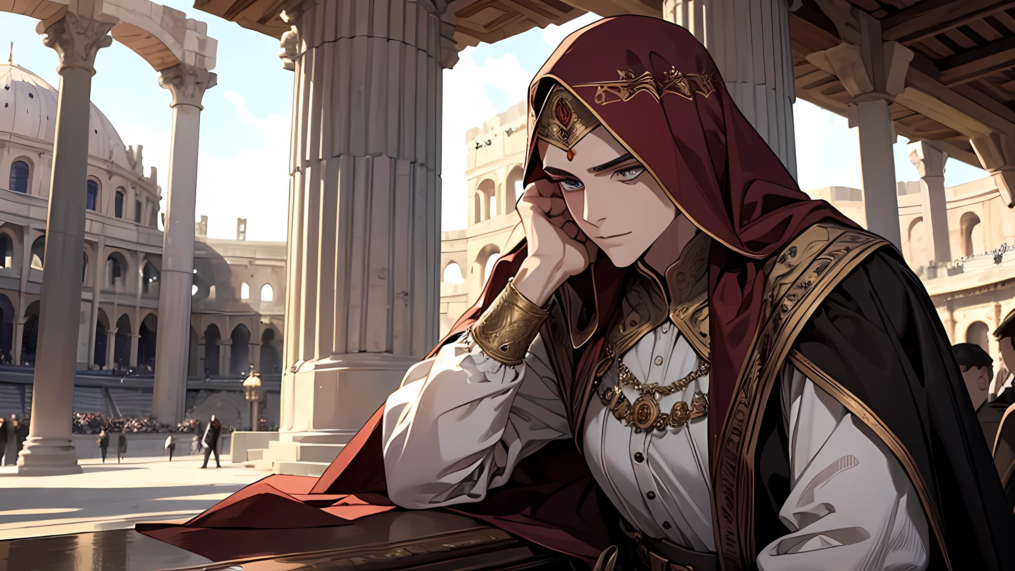 the young man resting his chin on his hands, the man is wearing a cape covering his head, there is 1 beautiful girl beside him, watching gladiator, excited, they are sibling, in colloseum, medieval times, detailed face, detailed nose, detailed eyes, who was sitting in one of the grandstands among the front row seats. High pillars, which rose from the corners in the left and right, supported a roof that covered the stand.