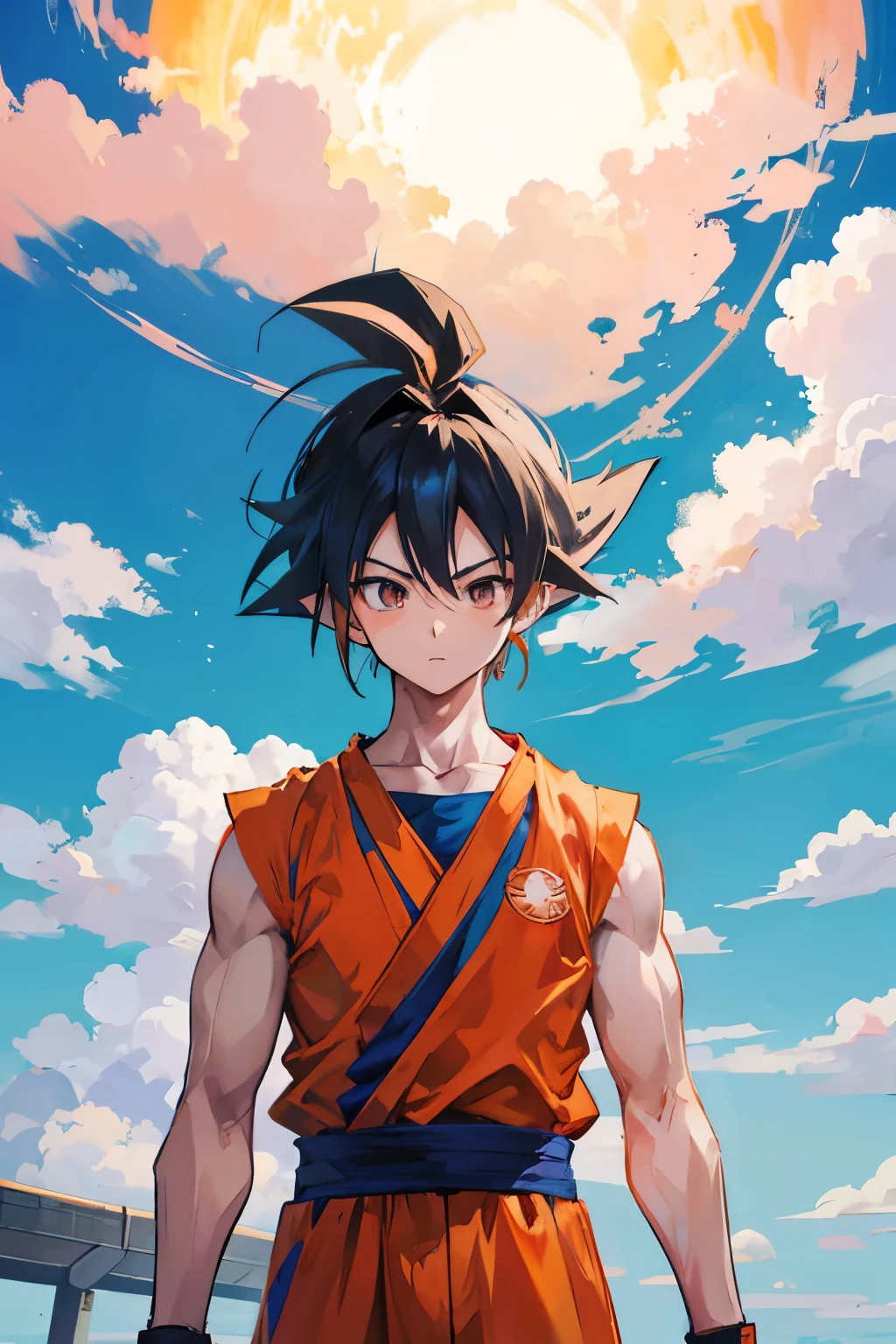 Goku Chibi, 1boy, male focus, super sayykin, Goku costume, alone, sky空, cloud, sky, blue sky空, boy, outdoor, Upper body, overcast sky空