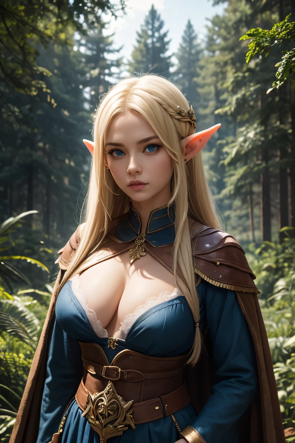 a female elf with long blonde hair, pointy ears, big blue eyes, thin lips, round face, big breasts, wearing elf clothes, female elf, pov, holding a dagger, in the forest