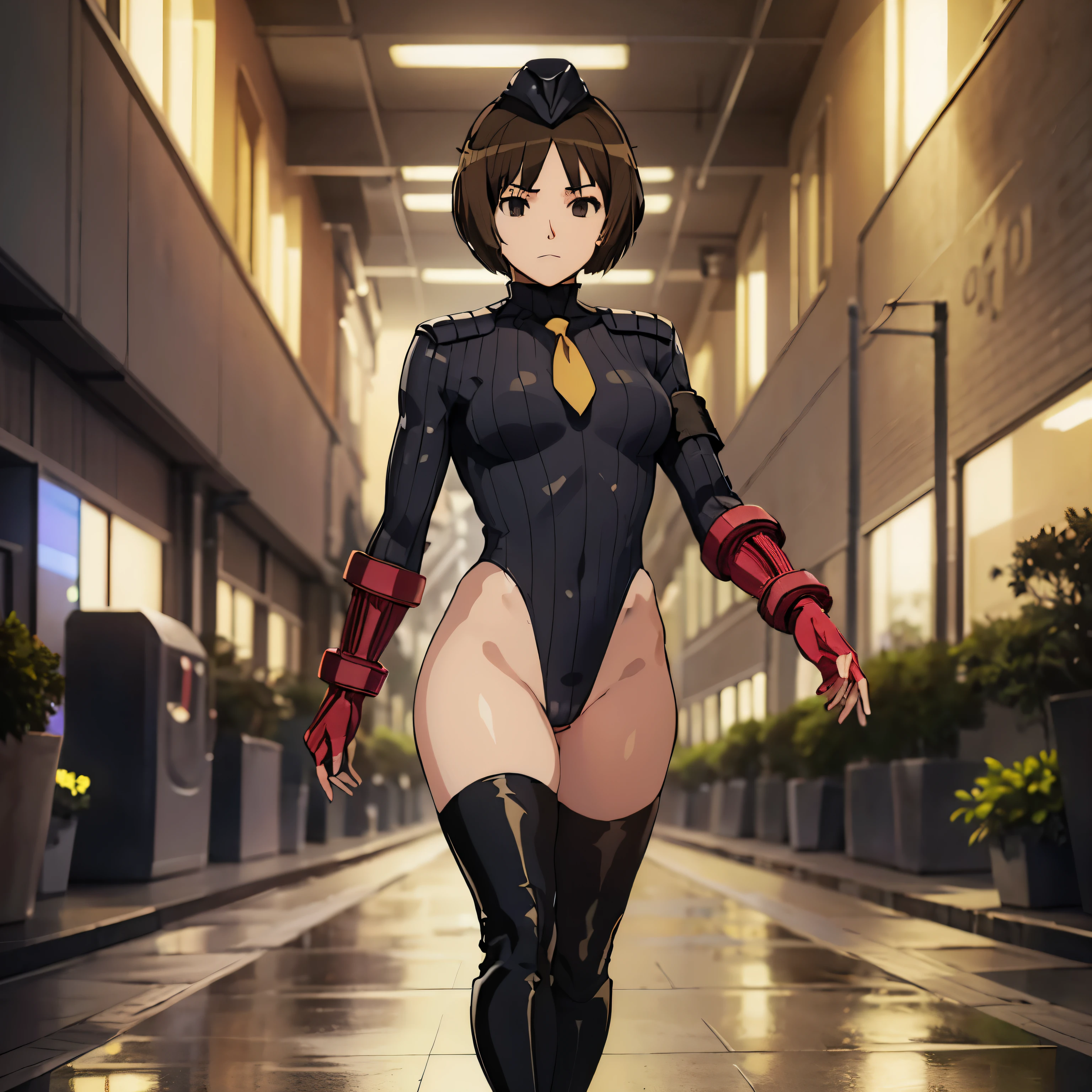 Very detailed, clear, beautiful body, Beautiful nose, Beautiful character design, perfect eyes, perfect face, very high, 4k, Beautiful legs, perfect legs, good hand, perfect hand, Masterpiece, best quality, haveรายละเอียดสูง, illustration, nonsense, perfect anatomy, street fighter, doll set, Chadaloo Doll, doll set, expressionless, empty eyes, look at viewer, red gloves, Emotionless, black Latex, corruption, mind control, female warrior, full body, hypnotized, ความมึนงงที่ไม่haveความสุข, full body suit, Ribbed bodysuit, Both arms are at the sides., obey, perfect woman's body, extremely glossy Latex, hypnosis, Hipnolora, empty eyes, mind control device, Poses, give up_Pose, slave, standตัวตรง, stand, stand at attention, have, necktie, belt, Latex, Ribbed bodysuit, thigh high, garter belt, fighting posture, Extend your right arm away from your shoulder into the air with your hand straight., soldier, thigh boots, 1 girl, hair accessories, Black-brown hair, short hair, black eyes, alone, 1 girl, Miya Tachibana