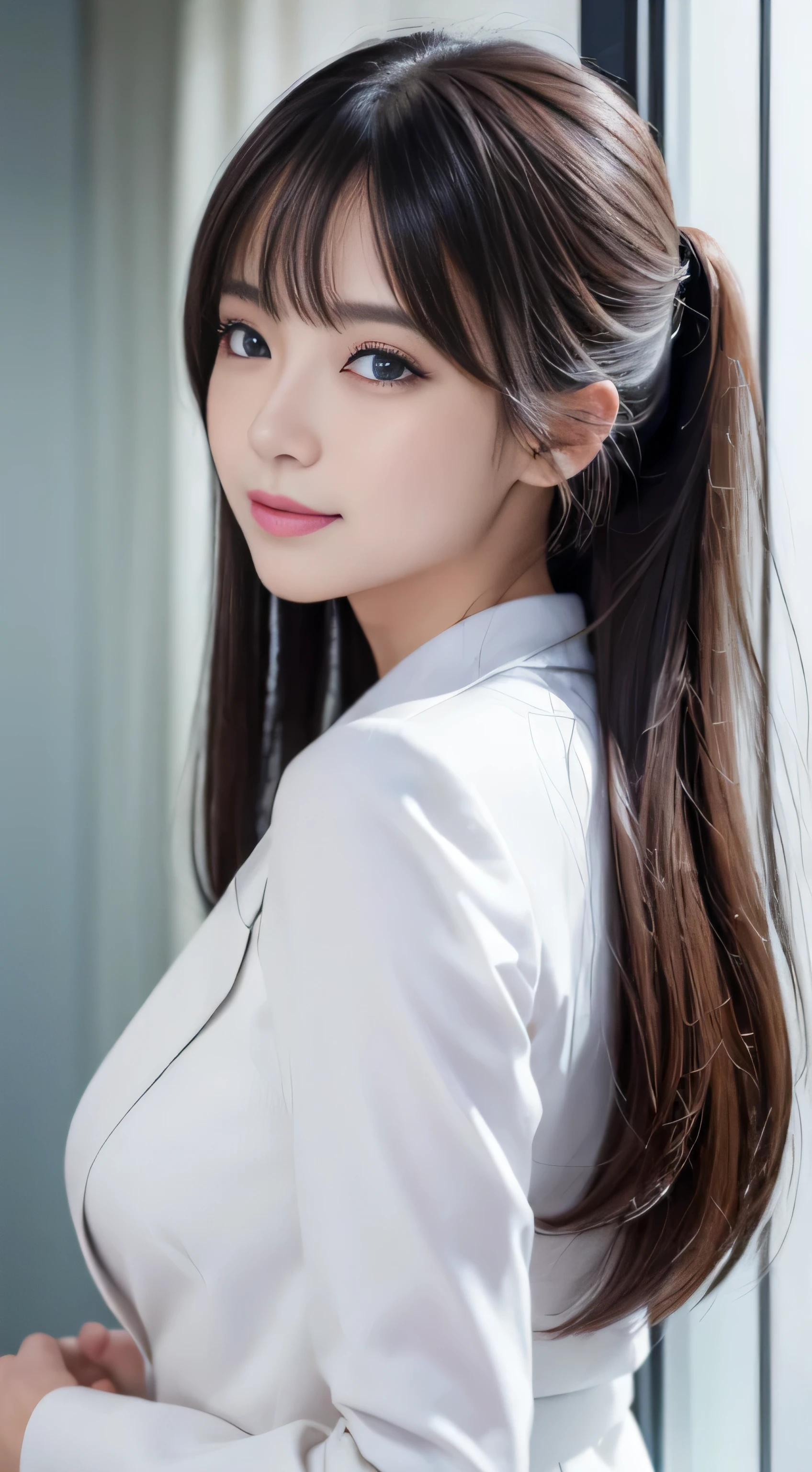 office、(Rear view)、(look back)、(absurd、High resolution、Super detailed)、Beautiful woman、(close up of face)、Facial emphasis、surface focus、office街に立つ女性、、Skyscraper behind((angle from below))、22、18、long straight hair、)(ponytail)Beautiful shiny hair、beautiful skin、luscious skin、beautiful eyes、With bangs、Away from the shoulders、eye highlights、Unbroken hands、rich lighting、pale pink lip、soft lips、mouth slightly open、High-definition CG uniform 8K wallpaper、 attention to detail、portrait、vision、alone、detailed face、smile a little、dynamic pose、Beautiful blue eyes that shine, medium breasts, (best illustrations: 1.1), 、shiny skin。realistic、Photoreal:1.37)、Photo of a woman in black Japan(beautiful breasts)、、suit、(White jacket front opening)、watching from a distance、(K-POP idol)、(alone)、)((sexy pose))、(Outside the window, skyscrapers are hazy)
