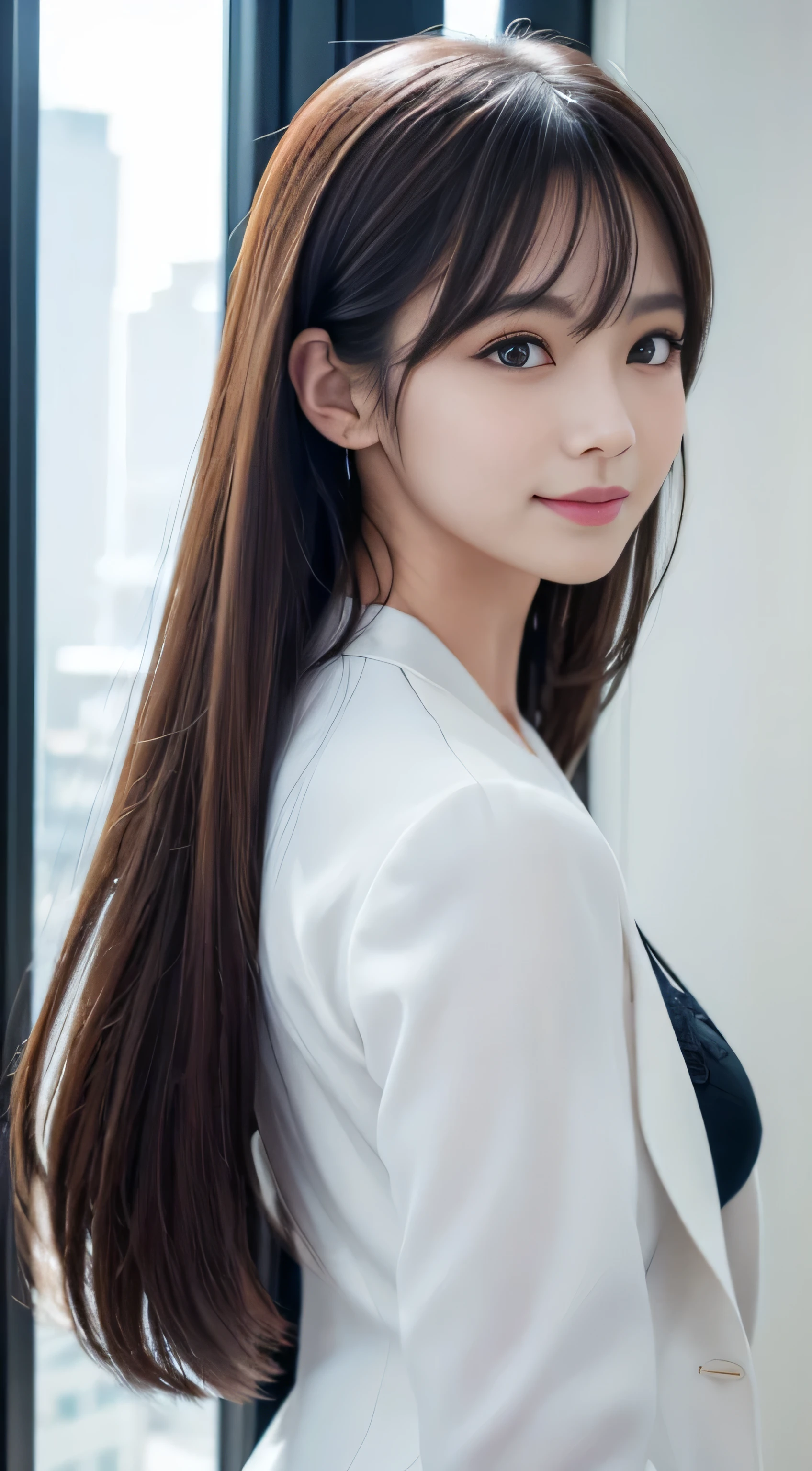 office、(Rear view)、(look back)、(absurd、High resolution、Super detailed)、Beautiful woman、(close up of face)、Facial emphasis、surface focus、office街に立つ女性、、Skyscraper behind((angle from below))、22、18、long straight hair、)(ponytail)Beautiful shiny hair、beautiful skin、luscious skin、beautiful eyes、With bangs、Away from the shoulders、eye highlights、Unbroken hands、rich lighting、pale pink lip、soft lips、mouth slightly open、High-definition CG uniform 8K wallpaper、 attention to detail、portrait、vision、alone、detailed face、smile a little、dynamic pose、Beautiful blue eyes that shine, medium breasts, (best illustrations: 1.1), 、shiny skin。realistic、Photoreal:1.37)、Photo of a woman in black Japan(beautiful breasts)、、suit、(White jacket front opening)、watching from a distance、(K-POP idol)、(alone)、)((sexy pose))、(Outside the window, skyscrapers are hazy)