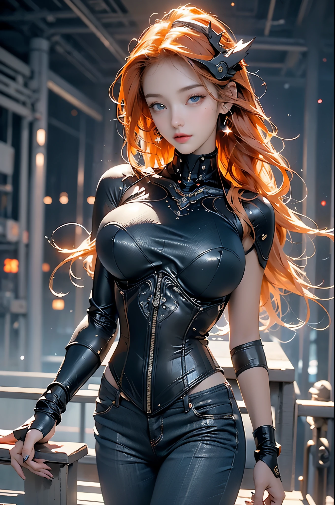 masterpiece, best quality, super detailed, Very detailed illustration, Very detailed, intricate details, high resolution, super intricate details, Very detailed 8k CG wallpaper, denim lenses, Caustics, Reflection, Ray tracing, Demon Theme, nebula, dark aura, cyber effect, (1 girl:1.4), flying birds, single, alone, Mecha Maiden, Mechanical Parts, joint, single robotic arm, headgear, Mechanical Halo, Star Hello, Complex mechanical bodysuit, mecha corset, fully armoured, very long hair, Orange hair, hair between eyes, blue eyes, glowing eyes, eye tracking, random expression, random movement, ancient japanese architecture, pond, starry sky, Skyline,Naked trench (huge breasts:1.2),wet skin（（rogue））Cool atmosphere，