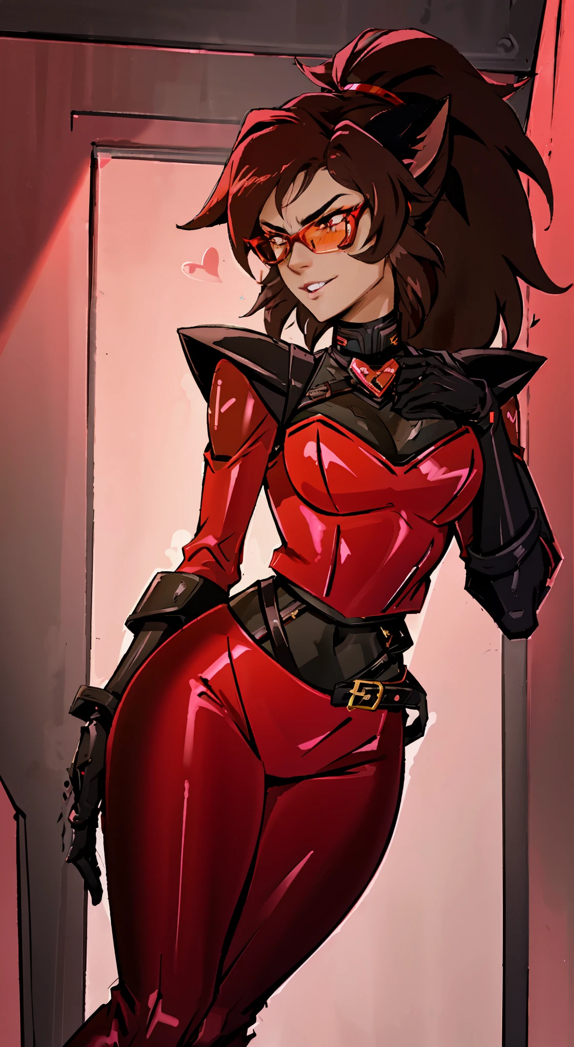 (Best quality, 4k, 8k, Ultra HD, High resolution, masterpiece:1.2), Catra as Mettaton, full spandex/latex attire (reds and blacks), neon lights, flawless makeup, happy singing pose, cat ears, fierce expression, long hair, simple greyscale background, sleek design, captivating stage presence, captivating red lipstick, confident stance, fashion model, anime glasses, anime tinted red shades, black latex pants, black latex corset, holding a large stage microphone, performance microphone, black microphone, singing stance, extremely tight corset, red bow tie around neck, medium nougat-skin color, heart-shaped silver belt buckle, long slick cat tail, thick armored metal belt, heart on armored red chestplate, long hair, brown hair, heavily armored black cuirass, chest encased in armor, black turtleneck armored, wide hips, brown hair, thick flowing brown hair,black undersuit, white mascot gloves, cuffed gloves