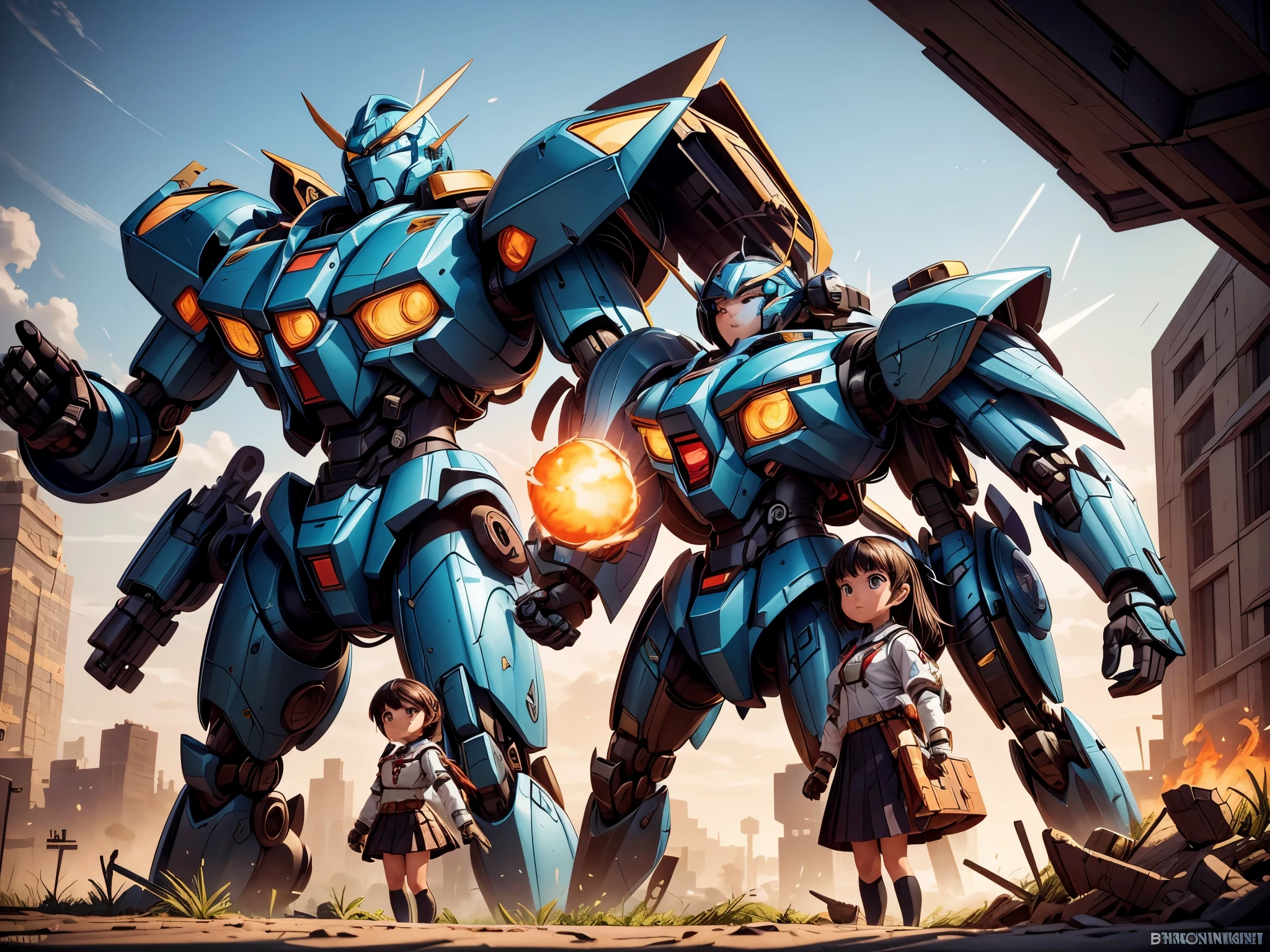 A mecha warrior stands tall in the midst of a chaotic battleground, alongside a schoolgirl. Both characters exude strength and determination as they face the challenges before them.
The mecha warrior is a marvel of technology and power, adorned with intricate metallic armor and glowing energy cores. Its massive frame towers above the schoolgirl, giving a sense of awe and protection. The warrior's design is sleek and futuristic, with sharp edges and a formidable presence.
Standing next to the mecha warrior, the complements the scene with her innocence and resilience. She is dressed in a vibrant school uniform, conveying a sense of youthfulness and determination. Her expression reflects a mixture of curiosity and bravery, as she fearlessly confronts the unknown dangers around her.
The battleground is a chaotic environment, with debris and ruins scattered across the landscape. The remnants of destroyed buildings and vehicles evoke a sense of urgency and destruction. Smoke and fire fill the air, adding a sense of danger and intensity to the scene.
The mecha warrior and are surrounded by a flickering light, creating a contrast between darkness and hope. The light emanating from the mecha warrior's energy cores illuminates their surroundings, casting dynamic shadows and highlighting their determined faces.
The colors in the scene are vibrant and striking, with a mix of cool and warm tones. The mecha warrior's armor gleams with metallic shades, while the 's uniform adds a pop of color and brightness to the composition. The overall color palette is intense yet balanced, adding depth and visual interest to the image.
Lighting plays a significant role in shaping the atmosphere of the scene. The intense light emitted by the mecha warrior's energy cores casts dramatic shadows, heightening the sense of action and adventure. The surrounding environment is primarily illuminated by the flickering flames and the distant glow of the battlefield, creating a dynamic interplay between light and shadow.
(best quality,4k,8k,highres,masterpiece:1.2),ultra-detailed,(realistic,photorealistic,photo-realistic:1.37),HDR,UHD,studio lighting,ultra-fine painting,sharp focus,physically-based rendering,extreme detail description,professional,vivid colors,bokeh,concept artists