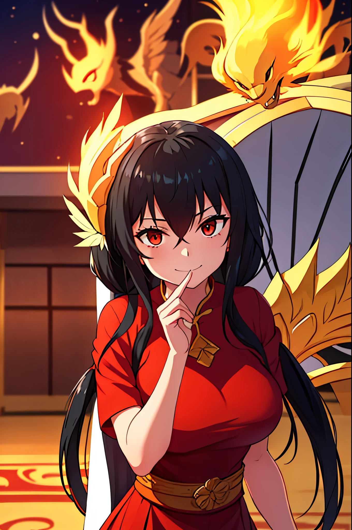 a woman in a red Chinese dress with gold details on the dress, long straight black hair in a Chinese palace at night, with a fiery phoenix behind