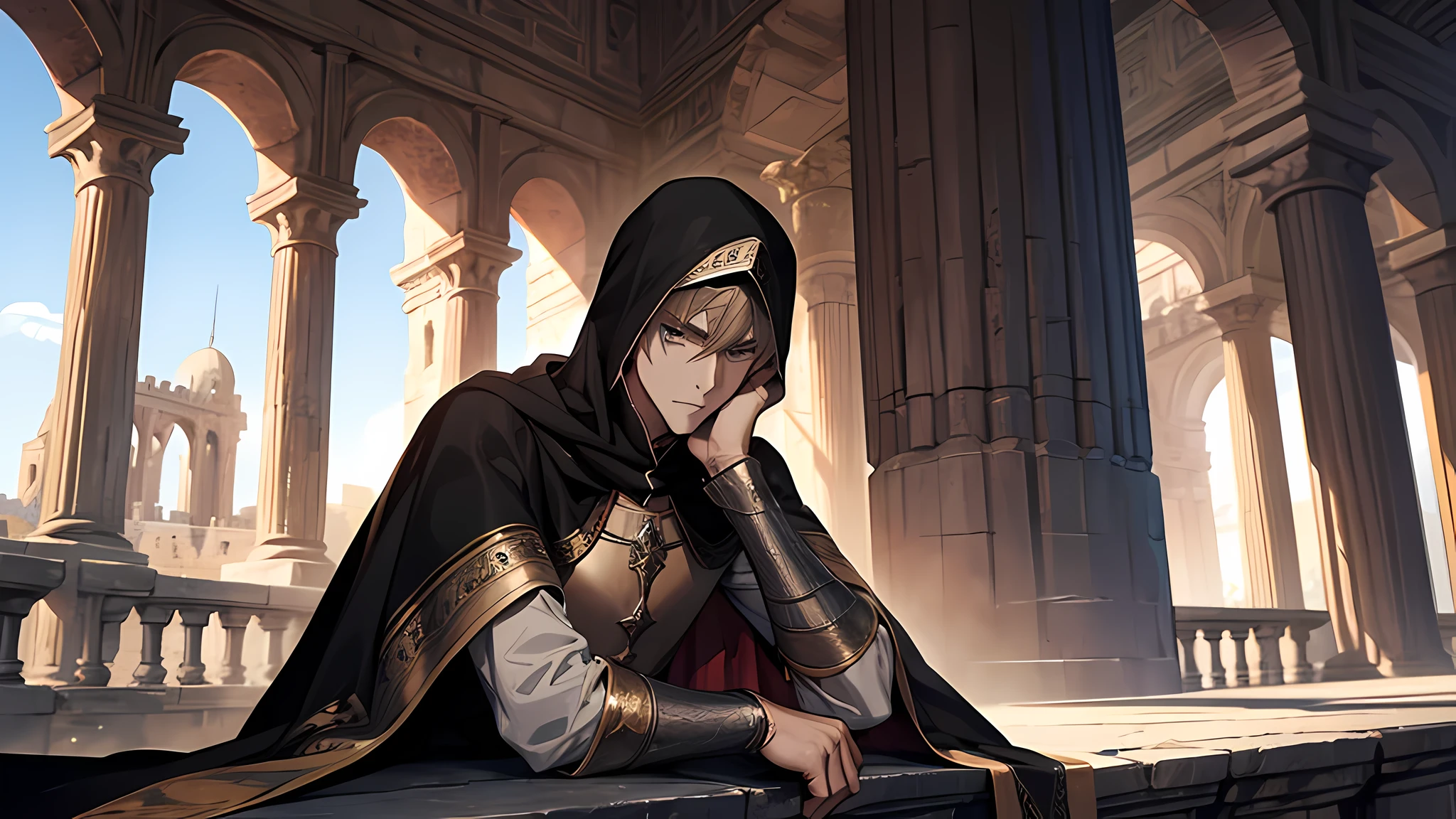 the young man resting his chin on his hands, the man is wearing a cape covering his head, talking something, watching gladiator, in colloseum, medieval times, detailed face, detailed nose, detailed eyes, who was sitting in one of the grandstands among the front row seats. High pillars, which rose from the corners in the left and right, supported a roof that covered the stand.