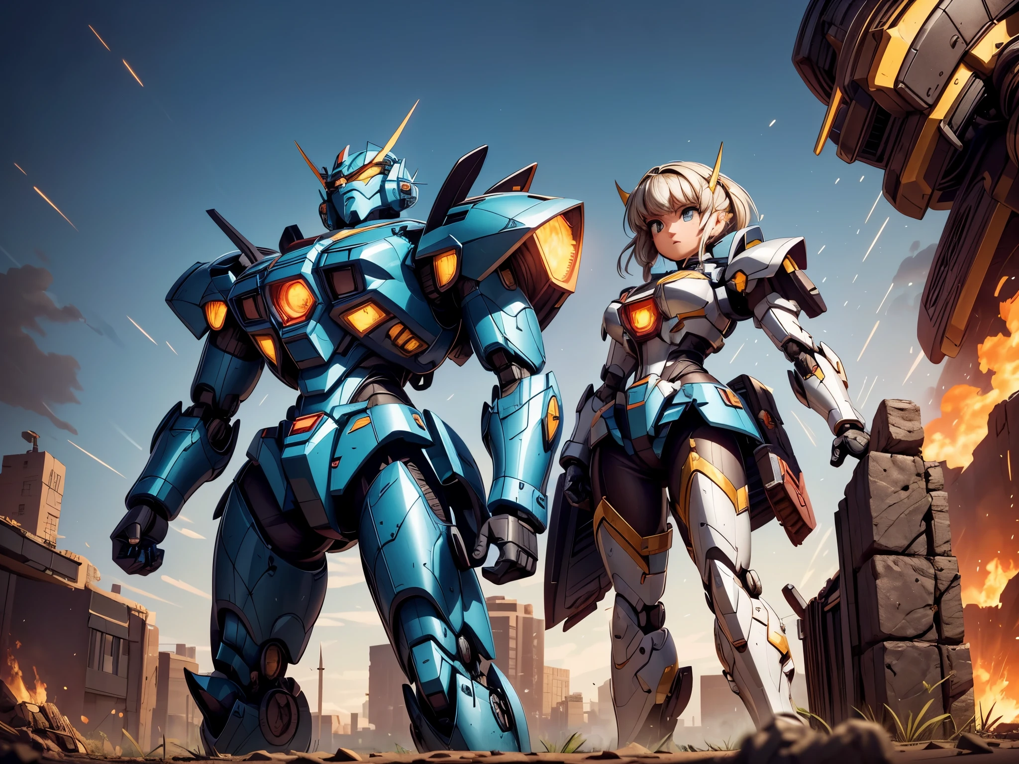 A mecha warrior stands tall in the midst of a chaotic battleground, alongside a schoolgirl. Both characters exude strength and determination as they face the challenges before them.

The mecha warrior is a marvel of technology and power, adorned with intricate metallic armor and glowing energy cores. Its massive frame towers above the schoolgirl, giving a sense of awe and protection. The warrior's design is sleek and futuristic, with sharp edges and a formidable presence.

Standing next to the mecha warrior, the  complements the scene with her innocence and resilience. She is dressed in a vibrant school uniform, conveying a sense of youthfulness and determination. Her expression reflects a mixture of curiosity and bravery, as she fearlessly confronts the unknown dangers around her.

The battleground is a chaotic environment, with debris and ruins scattered across the landscape. The remnants of destroyed buildings and vehicles evoke a sense of urgency and destruction. Smoke and fire fill the air, adding a sense of danger and intensity to the scene.

The mecha warrior and  are surrounded by a flickering light, creating a contrast between darkness and hope. The light emanating from the mecha warrior's energy cores illuminates their surroundings, casting dynamic shadows and highlighting their determined faces.

The colors in the scene are vibrant and striking, with a mix of cool and warm tones. The mecha warrior's armor gleams with metallic shades, while the 's uniform adds a pop of color and brightness to the composition. The overall color palette is intense yet balanced, adding depth and visual interest to the image.

Lighting plays a significant role in shaping the atmosphere of the scene. The intense light emitted by the mecha warrior's energy cores casts dramatic shadows, heightening the sense of action and adventure. The surrounding environment is primarily illuminated by the flickering flames and the distant glow of the battlefield, creating a dynamic interplay between light and shadow.

(best quality,4k,8k,highres,masterpiece:1.2),ultra-detailed,(realistic,photorealistic,photo-realistic:1.37),HDR,UHD,studio lighting,ultra-fine painting,sharp focus,physically-based rendering,extreme detail description,professional,vivid colors,bokeh,concept artists
