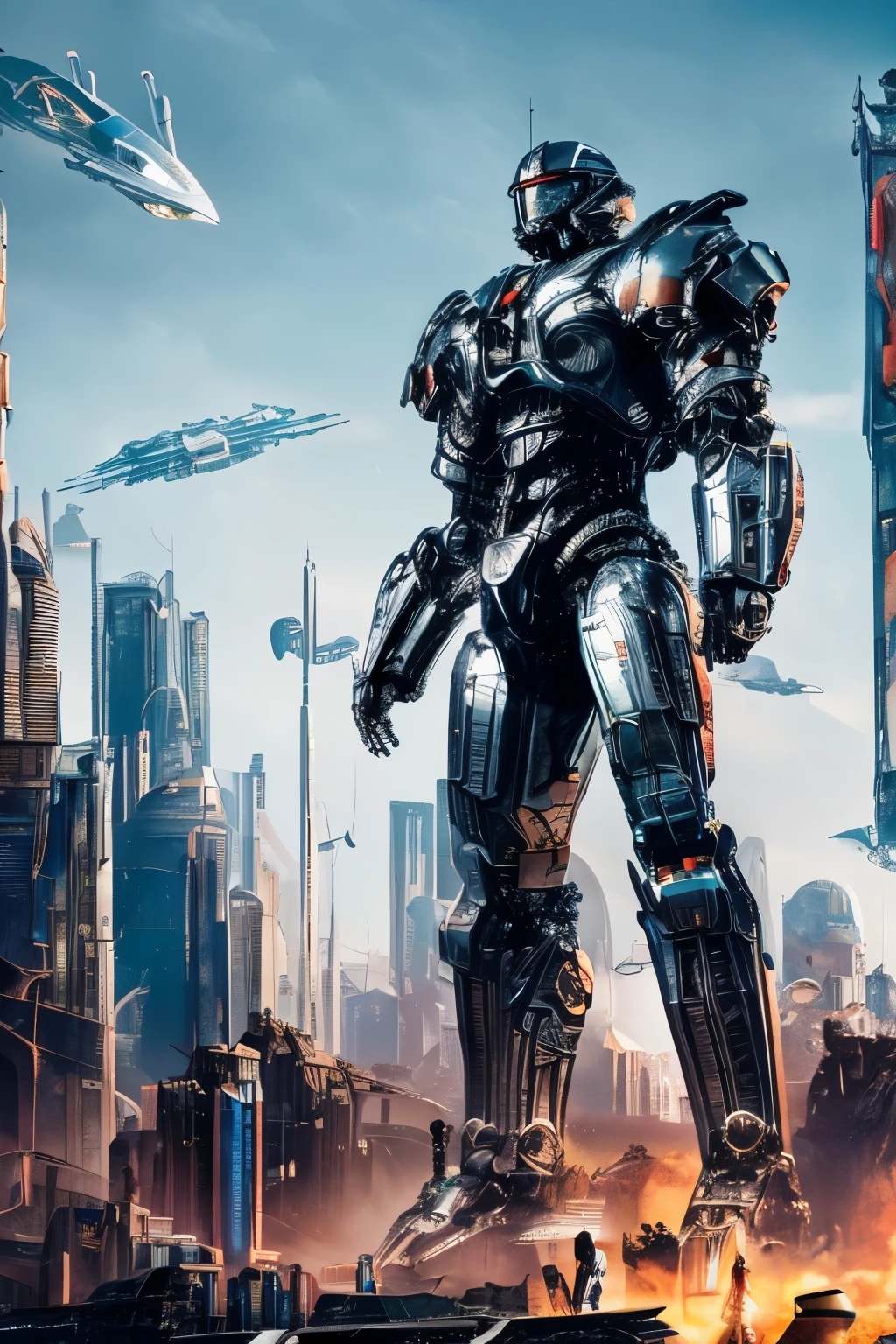 best quality, 32k, RAW photo, incredibly absurdres, extremely detailed, delicate texture, gigantic mechanical warrior 50 meters tall, streamlined body with shiny chrome plating and iridescent jet black parts, background destroyed city, delicate, flashy and dynamic depiction, 3D