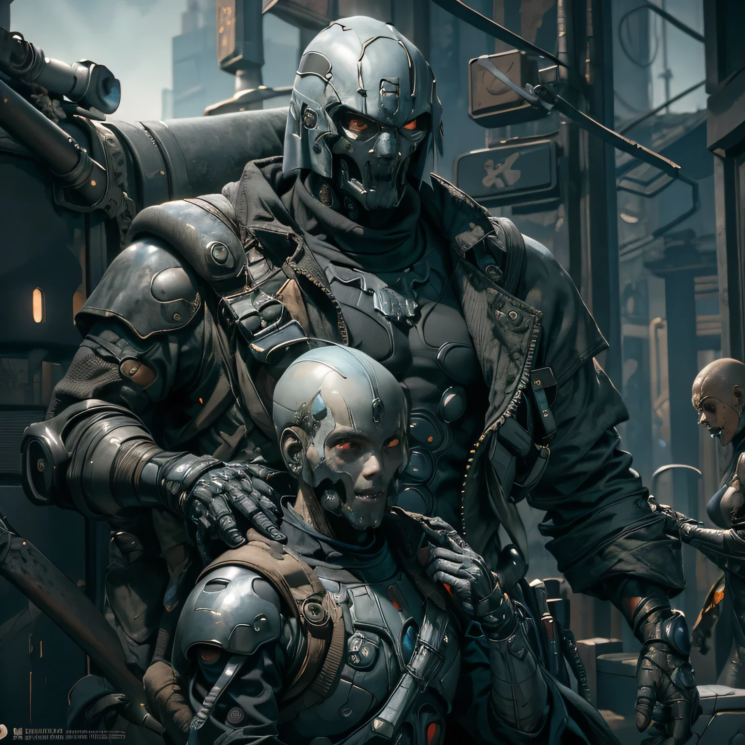 Imagen arafed de un hombre con un traje oscuro y una chaqueta con capucha., Inquisidor de acero de Mistborn, Arte de personajes de renderizado 3D 8 k, epic scifi character art, Armadura celta y cyberpunk, dystopian science fiction character, Techwear Ocultista, arte de personajes de motor irreal, Fondo Fractal Cyborg Ninja, Cyborg Dr Doom con armadura ornamentada