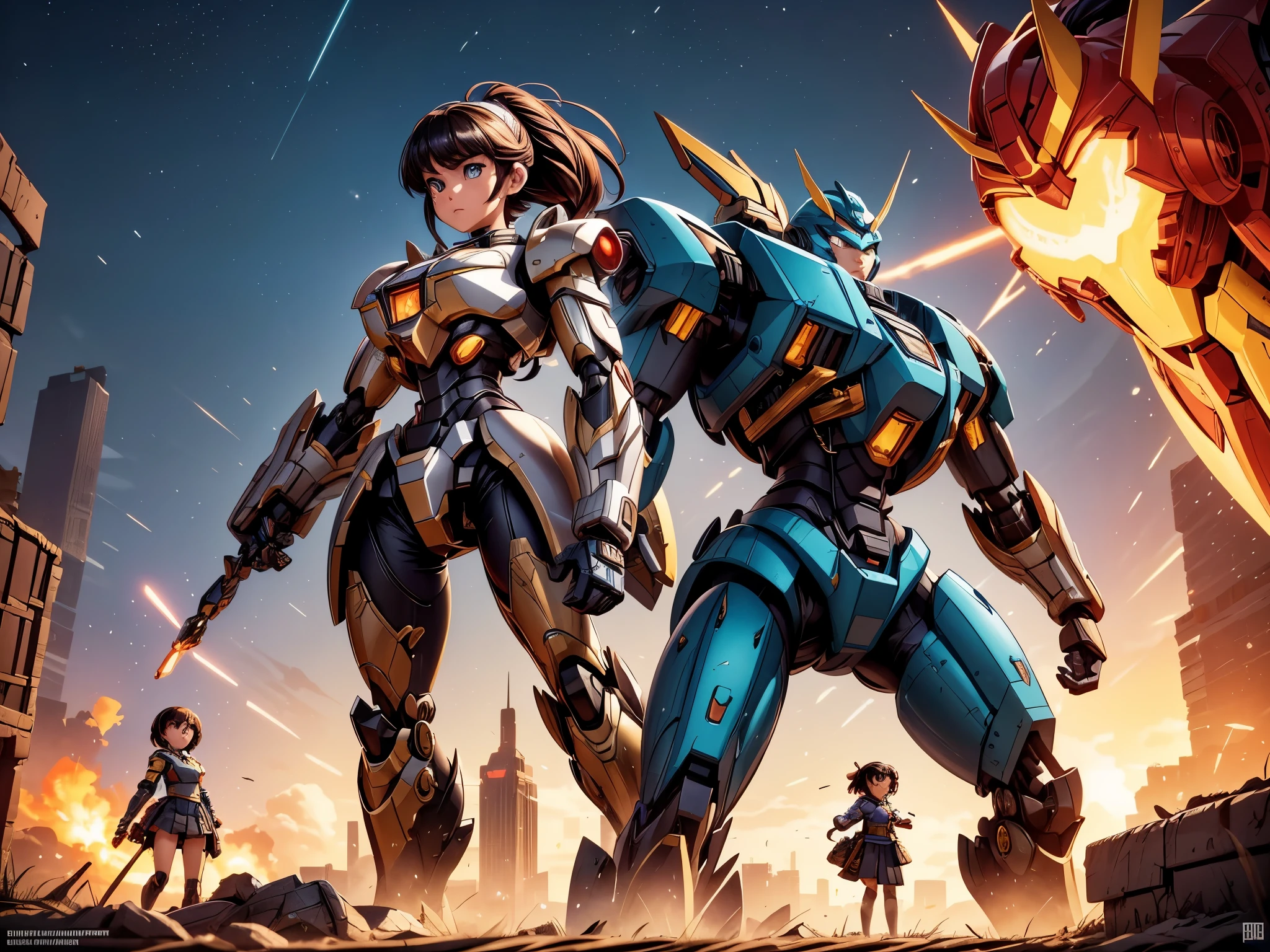 A girl fighting against a mecha warrior,illustration,mecha warrior,colorful explosion,shining lights,dystopian landscape,highly detailed mecha warrior,aggressive and determined expression,metallic armor,sparkling energy beams,bullet trails and smoke,powerful punches and kicks,slow motion movement,destructive battle scene,highres and realistic portrayal,studio lighting,anime style,contrasting colors,dramatic lighting.
