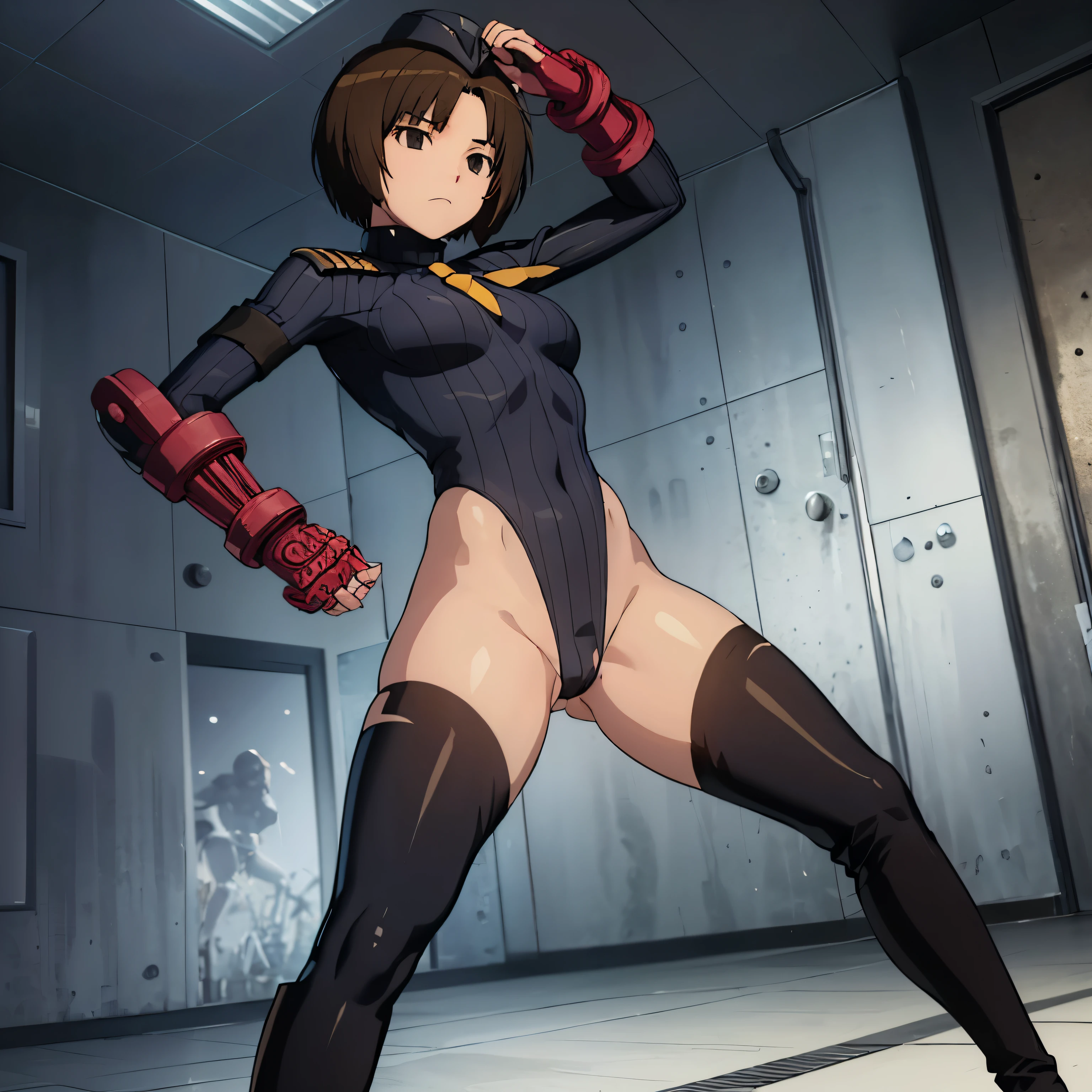 Very detailed, clear, beautiful body, Beautiful nose, Beautiful character design, perfect eyes, perfect face, very high, 4k, Beautiful legs, perfect legs, good hand, perfect hand, Masterpiece, best quality, haveรายละเอียดสูง, illustration, nonsense, perfect anatomy, street fighter, doll set, Chadaloo Doll, doll set, expressionless, empty eyes, look at viewer, red gloves, Emotionless, black Latex, corruption, mind control, female warrior, full body, hypnotized, ความมึนงงที่ไม่haveความสุข, full body suit, Ribbed bodysuit, Both arms are at the sides., obey, perfect woman's body, extremely glossy Latex, hypnosis, Hipnolora, empty eyes, mind control device, Poses, give up_Pose, slave, standตัวตรง, stand, stand at attention, have, necktie, belt, Latex, Ribbed bodysuit, thigh high, garter belt, fighting posture, Extend your right arm away from your shoulder into the air with your hand straight., soldier, thigh boots, 1 girl, hair accessories, Black-brown hair, short hair, black eyes, alone, 1 girl, Miya Tachibana