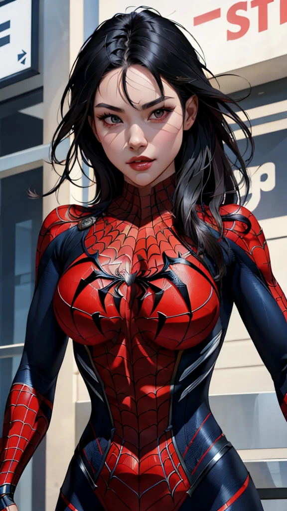 best qualtiy，GameCG，1girll，tmasterpiece，best qualtiy，8K，detailed skin textures，Detailed cloth texture，beautifull detailed face，Complicated details，the ultra-detailed，korean girl，spiderman uniform，long black hair，（A half body：1.2），cleavage