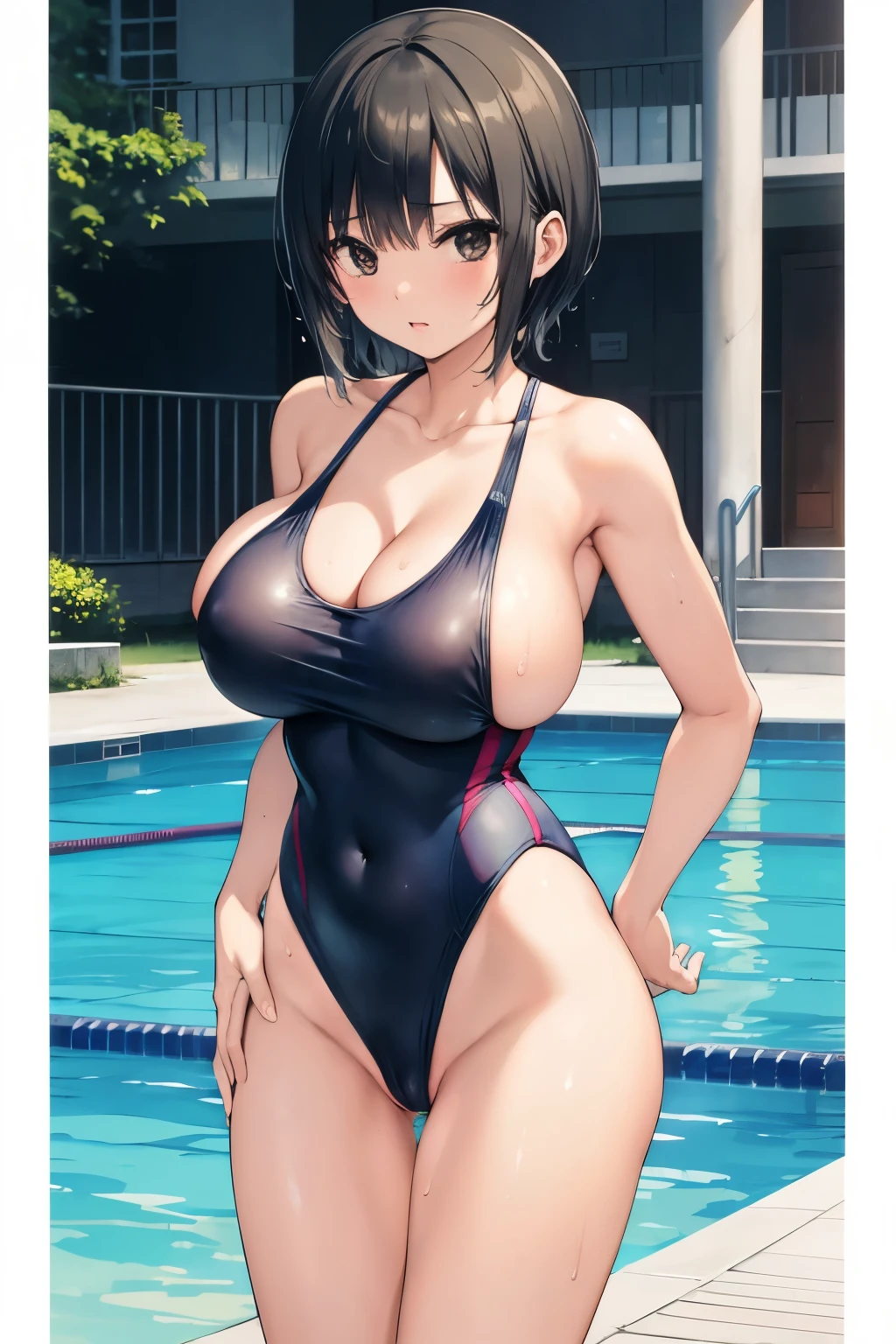 (masterpiece, highest quality, super detailed), nipple, (NSFW:1.2), doggystyle, standing, sex, big breasts, (huge breasts:1.5)(election of nipples:1.2), (sideboob:1.5), (boy and girl:1.5), (male:1.5)
(pointed chest), short hair, black hair, , , raised, Wet , Sweat, , beautiful face, Big eyes, cute, cute, fog, , ,(Old School Swimsuit:1.3), , at the pool, Poolside, (latex:0.2), slim, (Protruding chest:1.5), from below, cameltoe, Realistic swimwear, (anime:1.2), , (penis:1.5),