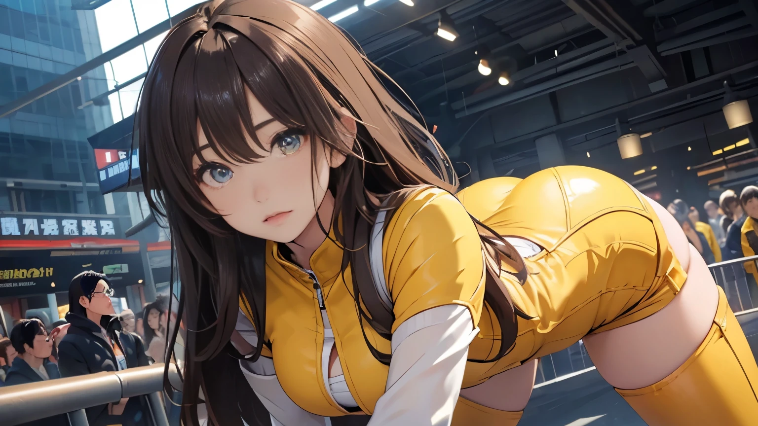 4K, A high resolution, Best quality at best, masterpiece, perfect colors, perfect shadow, perfect litthing, ((sportrait)), 1woman, fit-muscled body, face close up, bright yellow eyes, dark blue hair , blue eyes, With round lenses, detail in eyes, The audience watched carefully, (s face: 1.2), nipple bump, Perfect female figure, ((standing)), ((yellow Tight crop top yellow leather suit)), ((shy and looking at viewert)), (Perfect thick white eyebrows) Delicate fur, 详细s face, s the perfect face, At a fantasy industrial city , (model pose standing), energetic background, perfect city skyscape, lighting atmosphere, ((Bonifasko lighting)), (The round lenses on his eyes)(詳細な目), Perfect student, face close up
