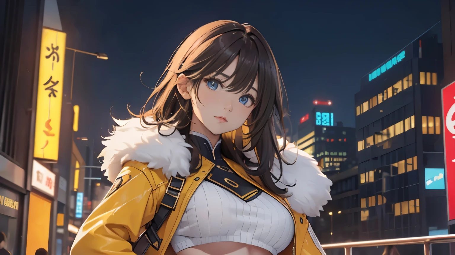 4K, A high resolution, Best quality at best, masterpiece, perfect colors, perfect shadow, perfect litthing, ((sportrait)), 1woman, fit-muscled body, face close up, bright yellow eyes, dark blue hair , blue eyes, With round lenses, detail in eyes, The audience watched carefully, (s face: 1.2), nipple bump, Perfect female figure, ((standing)), ((yellow Tight crop top yellow leather suit)), ((shy and looking at viewert)), (Perfect thick white eyebrows) Delicate fur, 详细s face, s the perfect face, At a fantasy industrial city , (model pose standing), energetic background, perfect city skyscape, lighting atmosphere, ((Bonifasko lighting)), (The round lenses on his eyes)(詳細な目), Perfect student, face close up