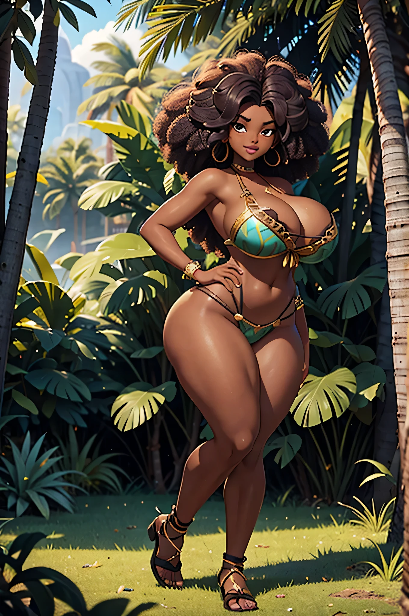 HD, dark skinned, young woman, age 25, humanoid, honey, black afro hair, (((afro hair))), Jackie Parris, ((((Jackie Parris)))), full body cgsociety, 3 d character art, full character body, detailed full body concept, stylized character, erotica, ((young woman, 1girl, age 25)), ((complex detailed background, jungle, outside)), erotica, full body, sexy, wide hips, thicc body, thicc, chubby, large breasts, action pose, grass skirt, lion cloth, tribal, amazon outfit