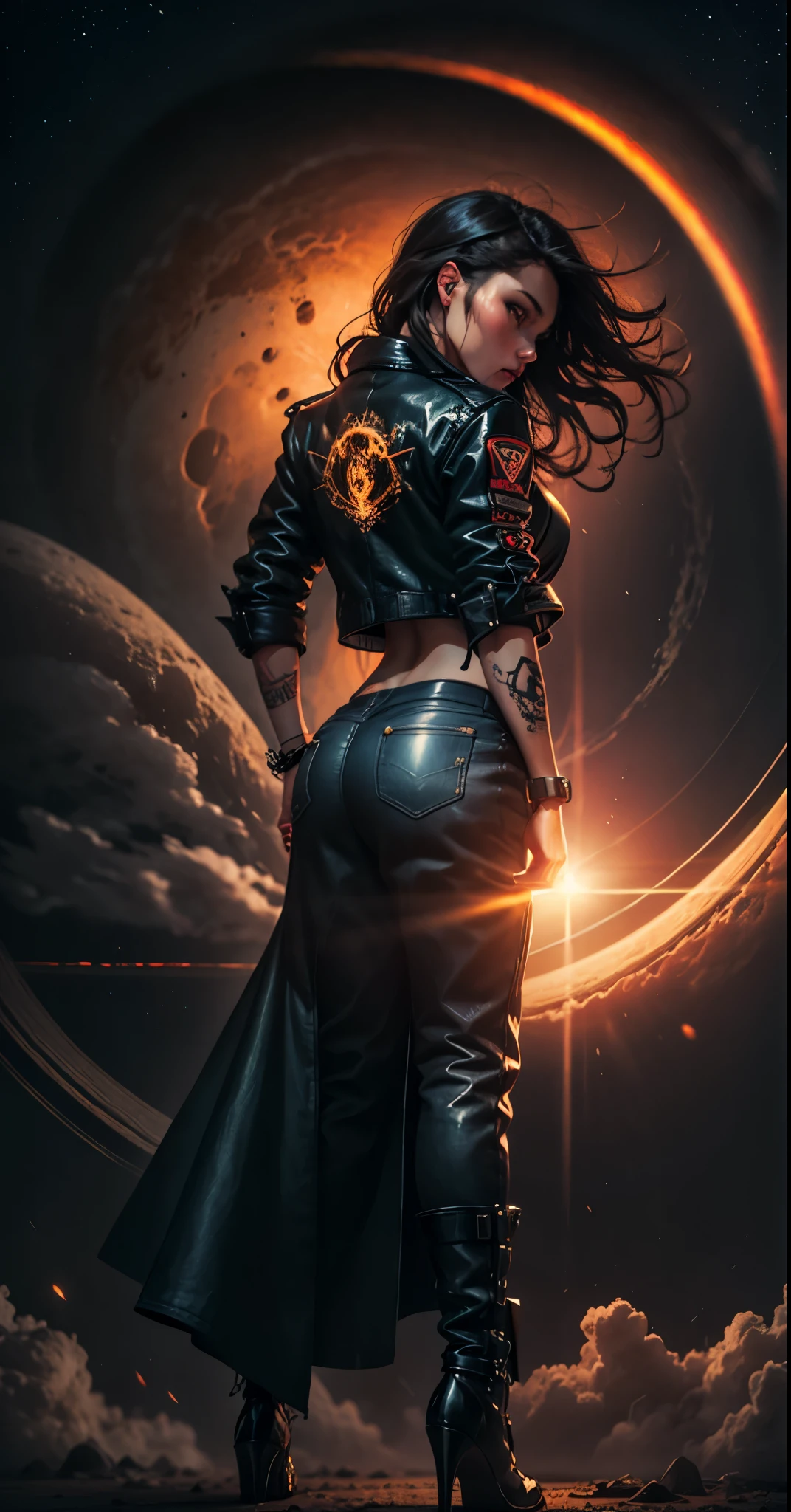 Tall Tough tattooed biker chick with two strong legs dancing swirling twirling almost collapsing on Saturn's moon Calisto, looking like a creation that could actually survive there, wearing black leather graphics jacket and long leather-like denim dress that touches the ground split in the middle for riding, magic, art, wind, wind blown, spark, lightshow, fireflies, watching the rise of the distant Sun, with Saturn fully visible in the foreground, 36k resolution Kodak professional photography, hyperdetailed, Waiting to start