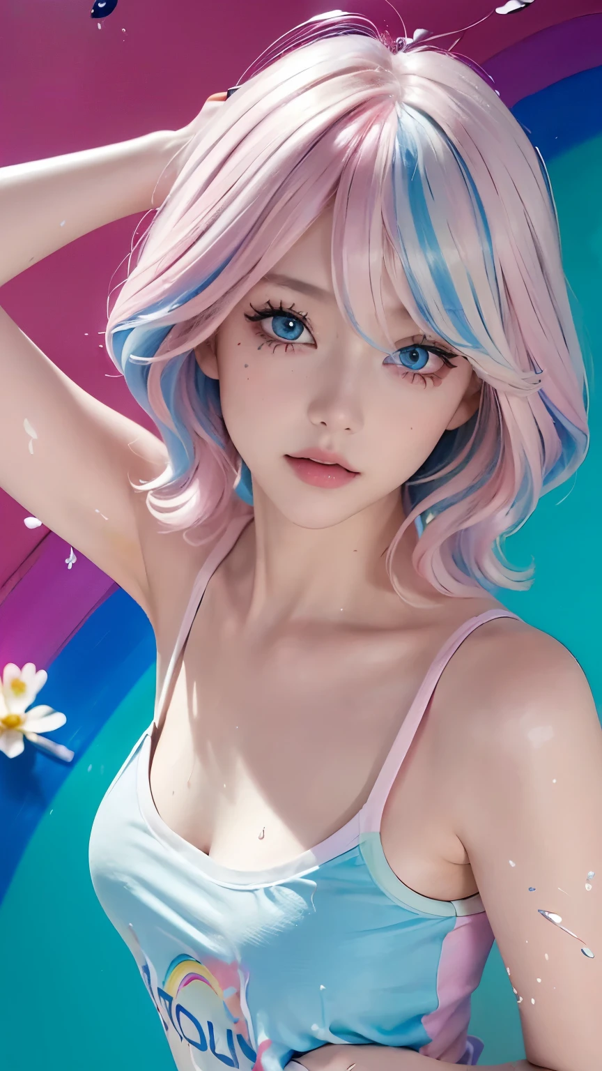 (Pink fashion T-shirt:1.9),(colored hair:1.8),(All colors of the rainbow:1.8),(((vertical画:1.6)),(:1.6),front,comics,illustration,,big eyes,crystal clear eyes,super gigantic ，Breasts are very very huge，Big breasts，Close-up of cleavage，(Rainbow colored semi-long hair:1.7),exquisite cosmetics,Shut your mouth,(Small fresh:1.5),(Wipe your chest:1.6),long eyelashes,White shoulder T-shirt。,White shoulder sleeve shirt,looking at the audience,blue eyes,(rainbow colour hair:1.6),color splotches,(solo:1.8),color splotches,color splotches,color explosion,Thick lacquer style,Messy lines,((Shiny),(color),(color),(color),(color),color,Thick lacquer style,(color splotches),(color)splash,vertical,Upper body,Paintworksplash,acrylic paint,gradient,Paintwork,Highest image quality,highest quality,masterpiece,solo,depth of field,Topcoat,Colorful clothes,(grace:1.2),gorgeous,lwind, (Elegant: 1.3), (Petals: 1.4)，(((masterpiece))),(((best quality))),((ultra-detailed)),(illustration),(dynamic angle),((floating)),(paint),((disheveled hair)),(solo),(1girl) , (((detailed anima face))),((beautiful detailed face)),collar,bare shoulders,blue hair, ((colorful hair)),((streaked hair)),beautiful detailed eyes,(Gradient color eyes),(((colorful eyes))),(((colorful background))),(((high saturation))),(((surrounded by colorful splashes))),(((colorful background))),(((high saturation))),(((surrounded by colorful splashes))),(((colorful background))),(((high saturation))),(((surrounded by colorful splashes))),