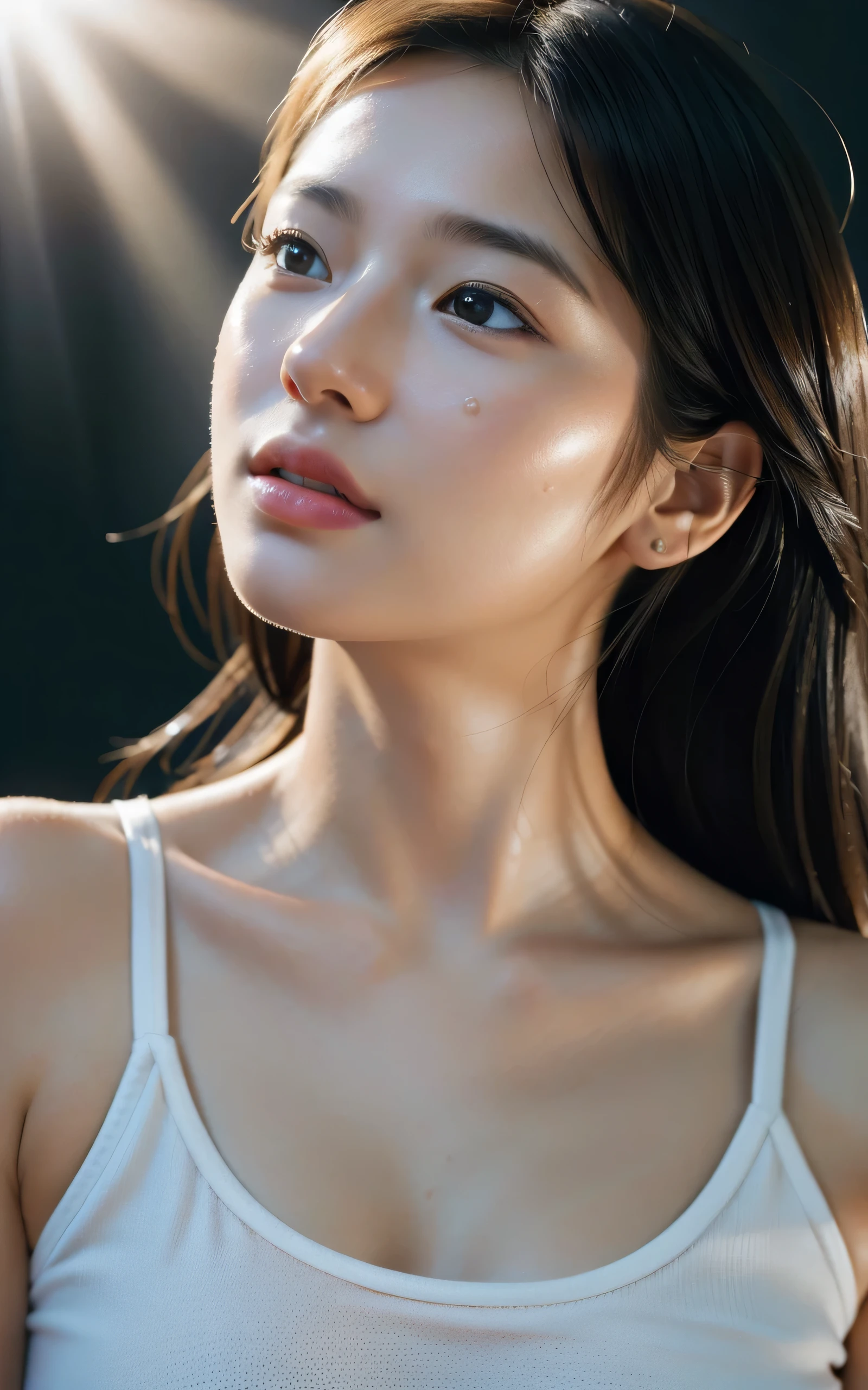 photo-realistic, surreal, cinematic lighting, 32K, 1 girl, look up, light shines on your face, Backlight, (bright light:1.2), (Improvement of quality:1.4), (Highest quality realistic textured skin:1.4), detailed eyes, detailed face, (Tired, sleepy and happy), close up of face, colored tank top, (Enhances the beauty of skin texture:1.1)