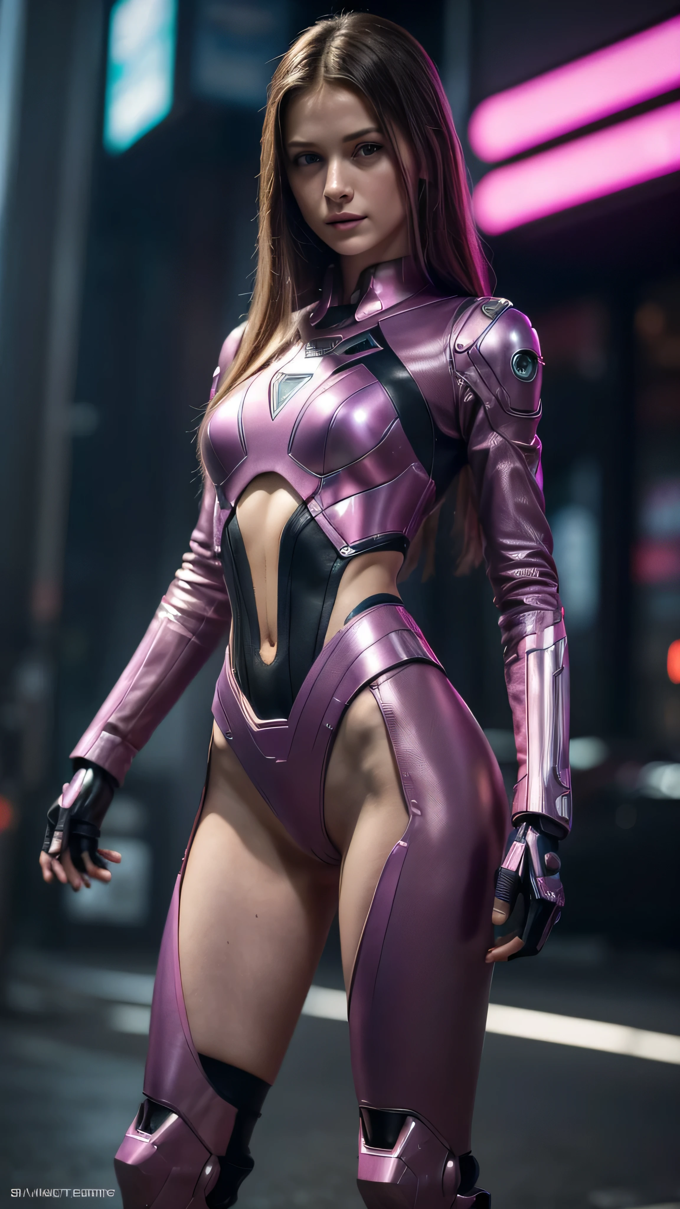 ((masterpiece, 8K, 3D, Realistic, Super Detail)), (1girl:1.3), slender , Ultra Micro photography, Super realistic, Perfect face, Beautiful features, ((Perfect female body)) Beautiful features, ( body), ((small hips)), Melissa Benoist as Pink Cyberpunk Mech suit ((Exposed thigh)), Exposed Skin, Front Full body Shot, full body portrait, futuristic city background
