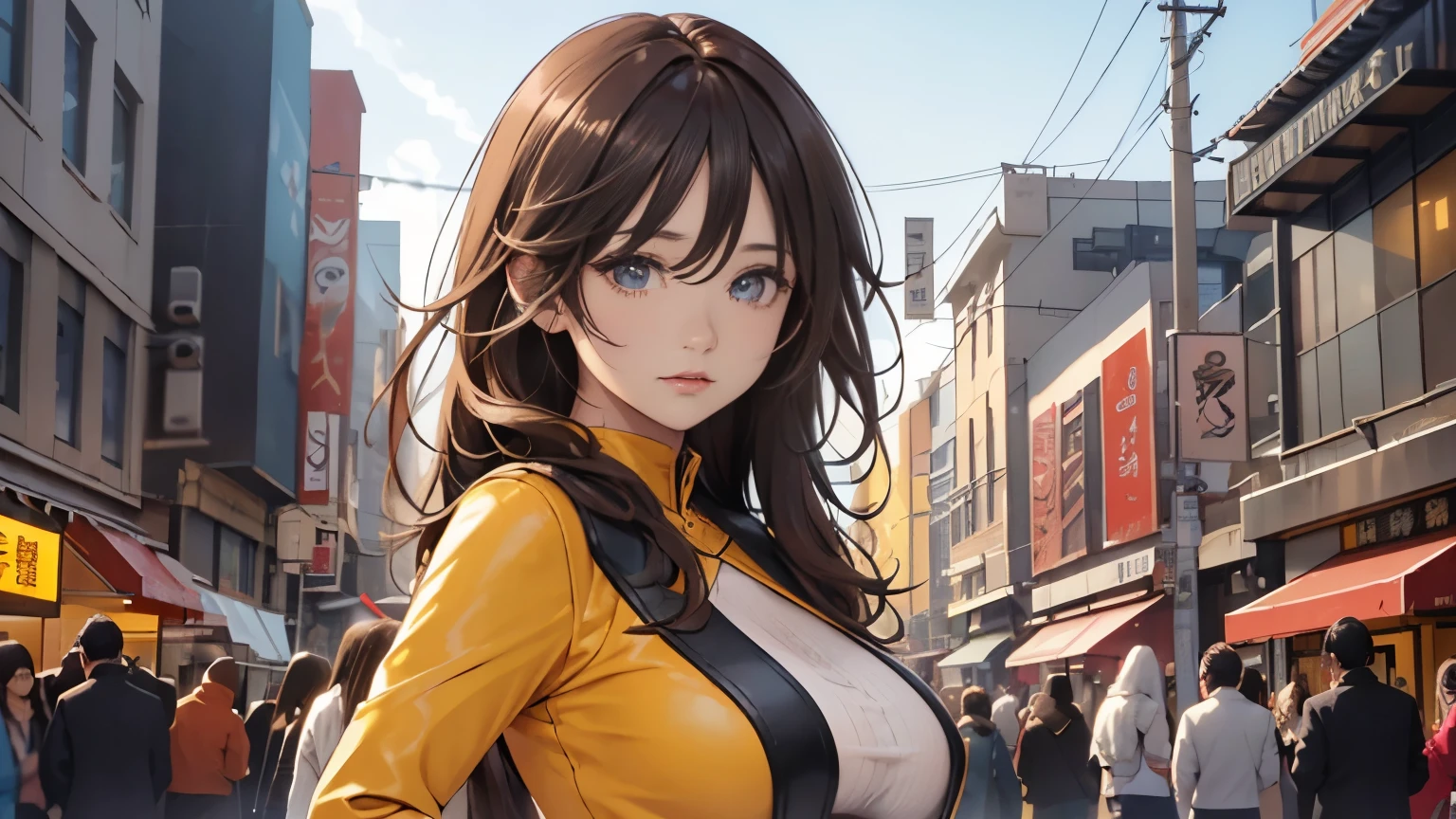 4K, A high resolution, Best quality at best, masterpiece, perfect colors, perfect shadow, perfect litthing, ((sportrait)), 1woman, fit-muscled body, face close up, bright yellow eyes, dark blue hair , blue eyes, With round lenses, detail in eyes, The audience watched carefully, (s face: 1.2), nipple bump, Perfect female figure, ((standing)), ((yellow Tight crop top yellow leather suit)), ((shy and looking at viewert)), (Perfect thick white eyebrows) Delicate fur, 详细s face, s the perfect face, At a fantasy industrial city , (model pose standing), energetic background, perfect city skyscape, lighting atmosphere, ((Bonifasko lighting)), (The round lenses on his eyes)(詳細な目), Perfect student, face close up
