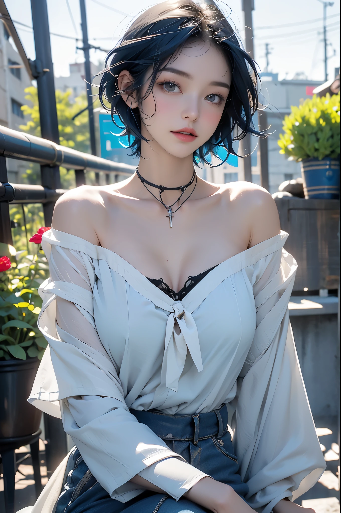 best quality,masterpiece,8k wallpaper,ridiculous, high resolution, Super detailed, (1 young beautiful girl, alone:1.1),Yula_exist_genshexist, cowboy shooting, 1 girl, (blue short hair:1.5), black hair band,White top and black bottoms, White long sleeves, blue tie, jewelry on shoulder, Upper body,outdoor, castle, street, green plants, flowers,rest,Naked trench (huge breasts:1.2),wet skin((rogue))Cool atmosphere,