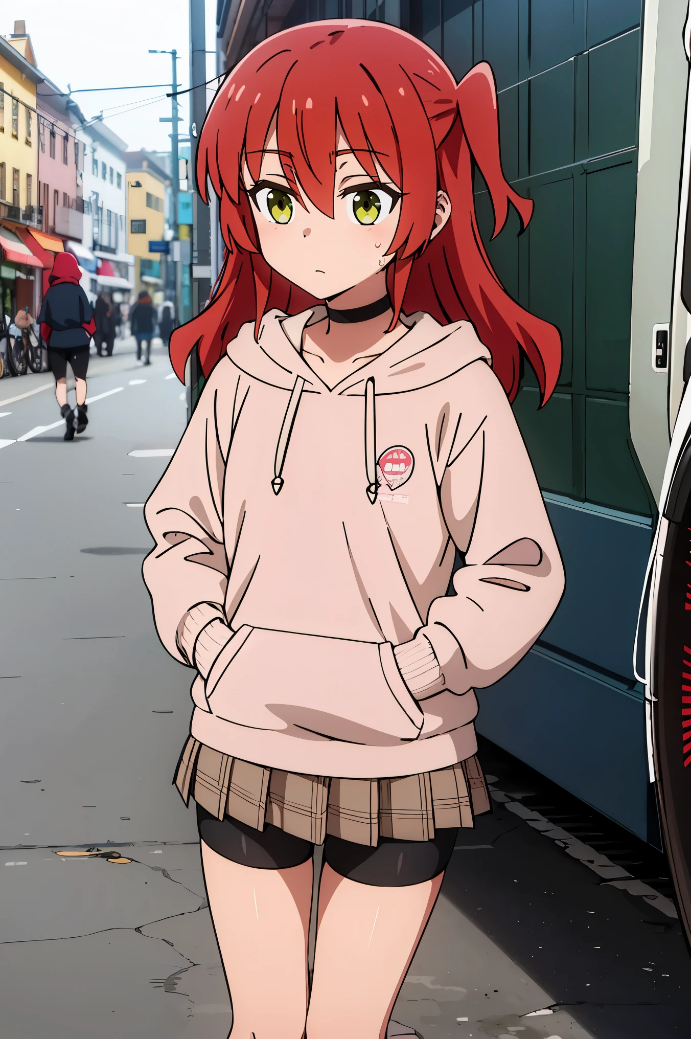 1 girl, hdr, ikuyo kita, red hair, one side up, long hair, green eyes, hoodie, pink hoodie, long sleeves, brown skirt, plaid skirt, wearing bike shorts, black bike shorts, white sandals, standing, pov,