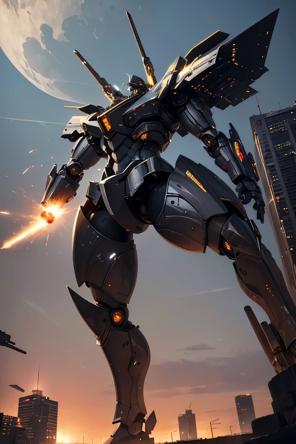 best quality, 32k, RAW photo, incredibly absurdres, extremely detailed, delicate texture, gigantic mechanical warrior 50 meters tall, streamlined body with shiny chrome plating and iridescent jet black parts, weapons and shields, background destroyed city, explosion, flame, smoke, delicate, flashy and dynamic depiction, 3D