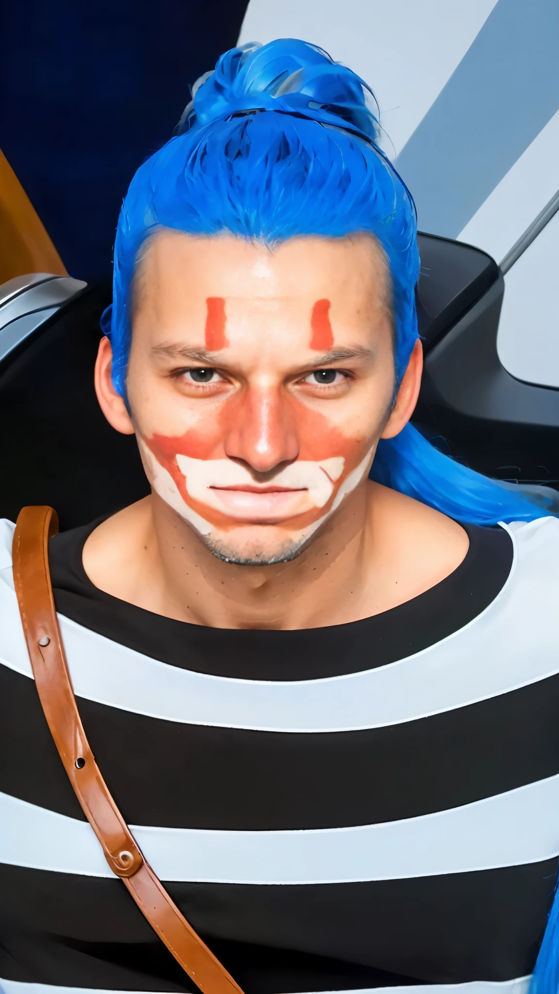 (masterpiece), (realistic), (ultra detailed), ( high reest quality), (photorealistic), (perfect face), (perfect anatomy),((( man)), ((male)), solo, (((35 years old))), buggy from one piece, buggy, one piece, potrait of buggy from one piece, blue hair, long hair, crazy detail, realistic, professional photography, 8k UHD, SLR camera, soft lighting, high quality, film grain, Fujifilm XT3, (detailed face and eyes), (face: 1 2), noise, extra, detailed skin, ,